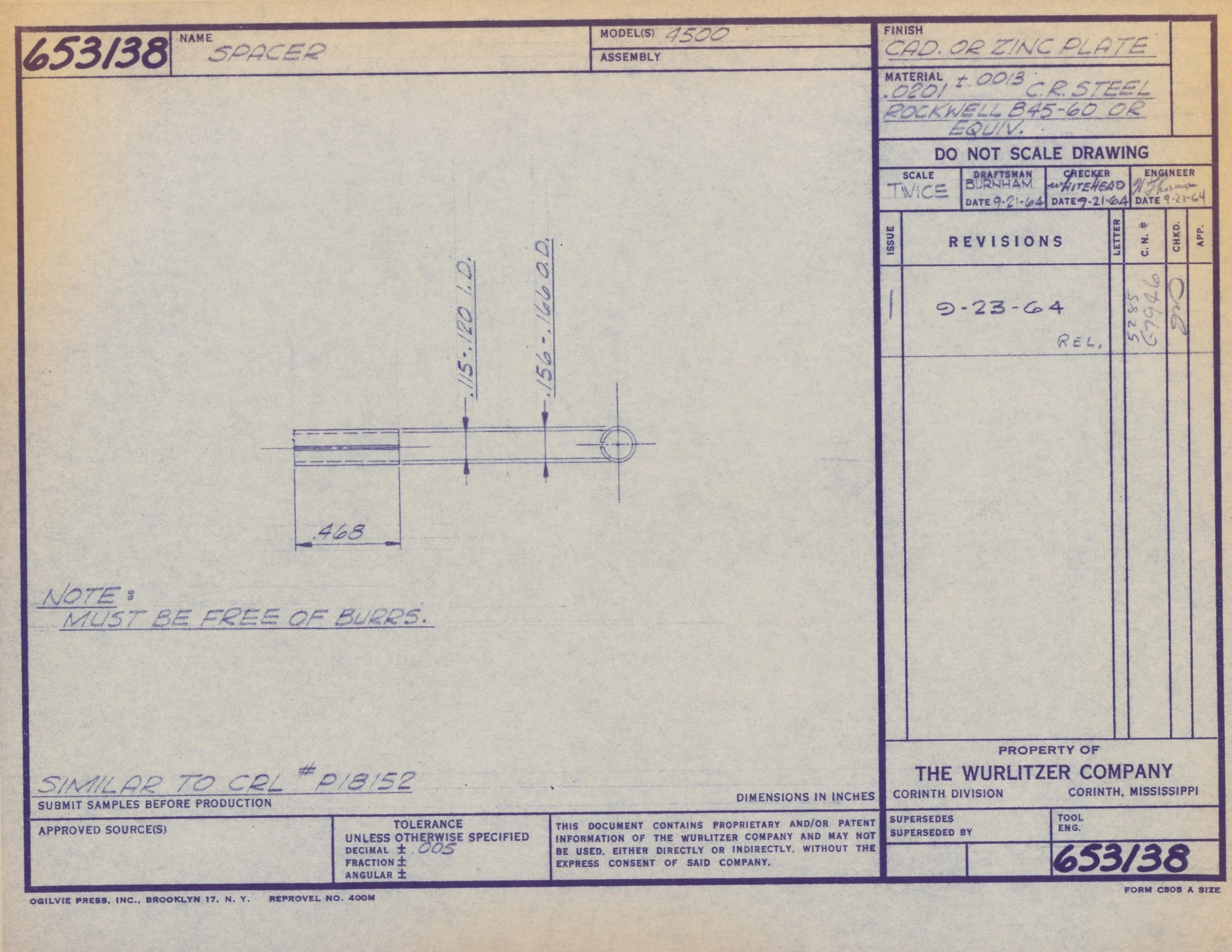 Technical drawing of a mechanical part labeled 'Spager,' with dimensions and notes, created by The Wurlitzer Company in Corinth, Mississippi, dated 1964.