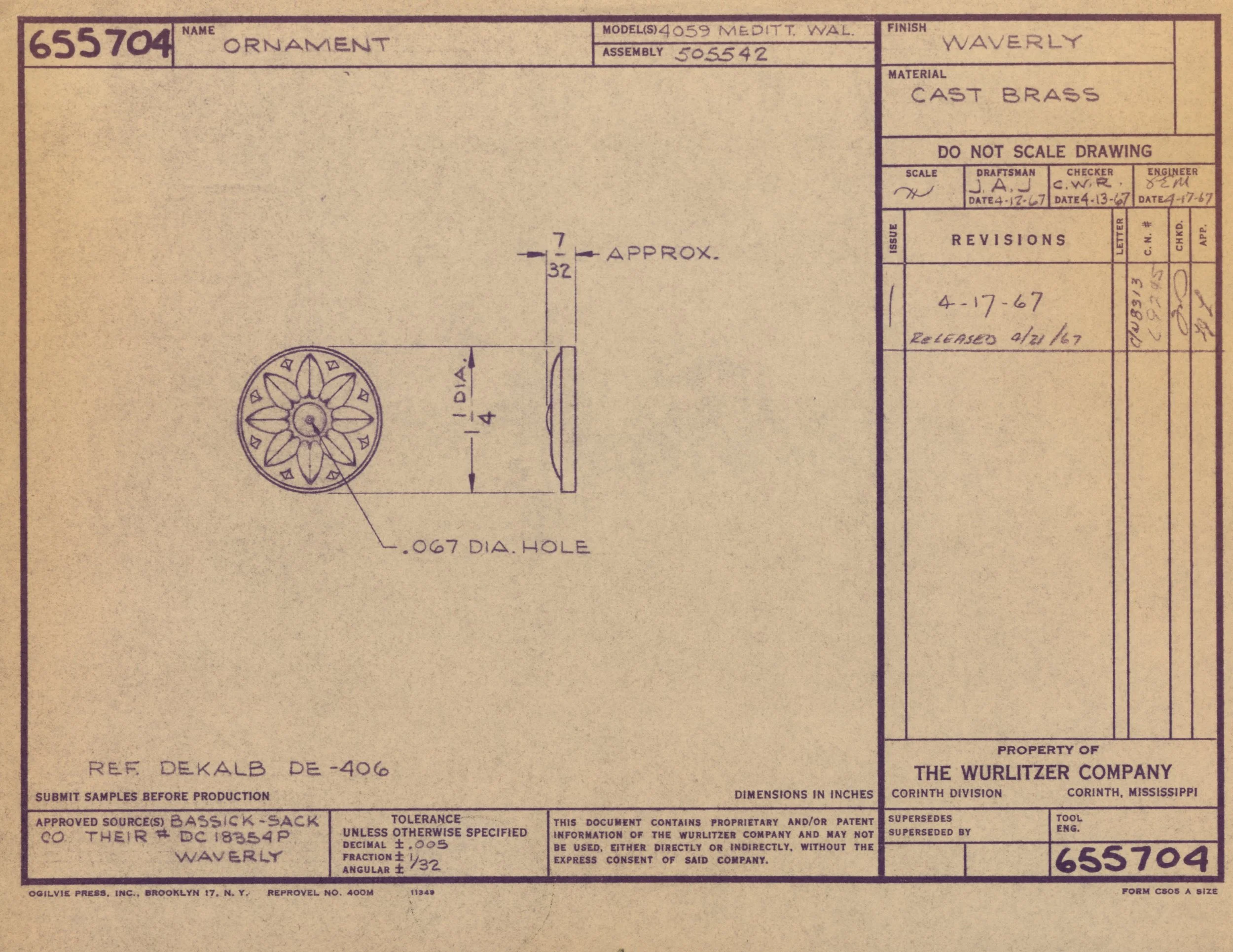 A vintage technical drawing of a cast brass ornament with a floral design, labeled as a Waverly pattern, created by The Wurlitzer Company in Corinth, Mississippi, with various measurements and technical annotations.