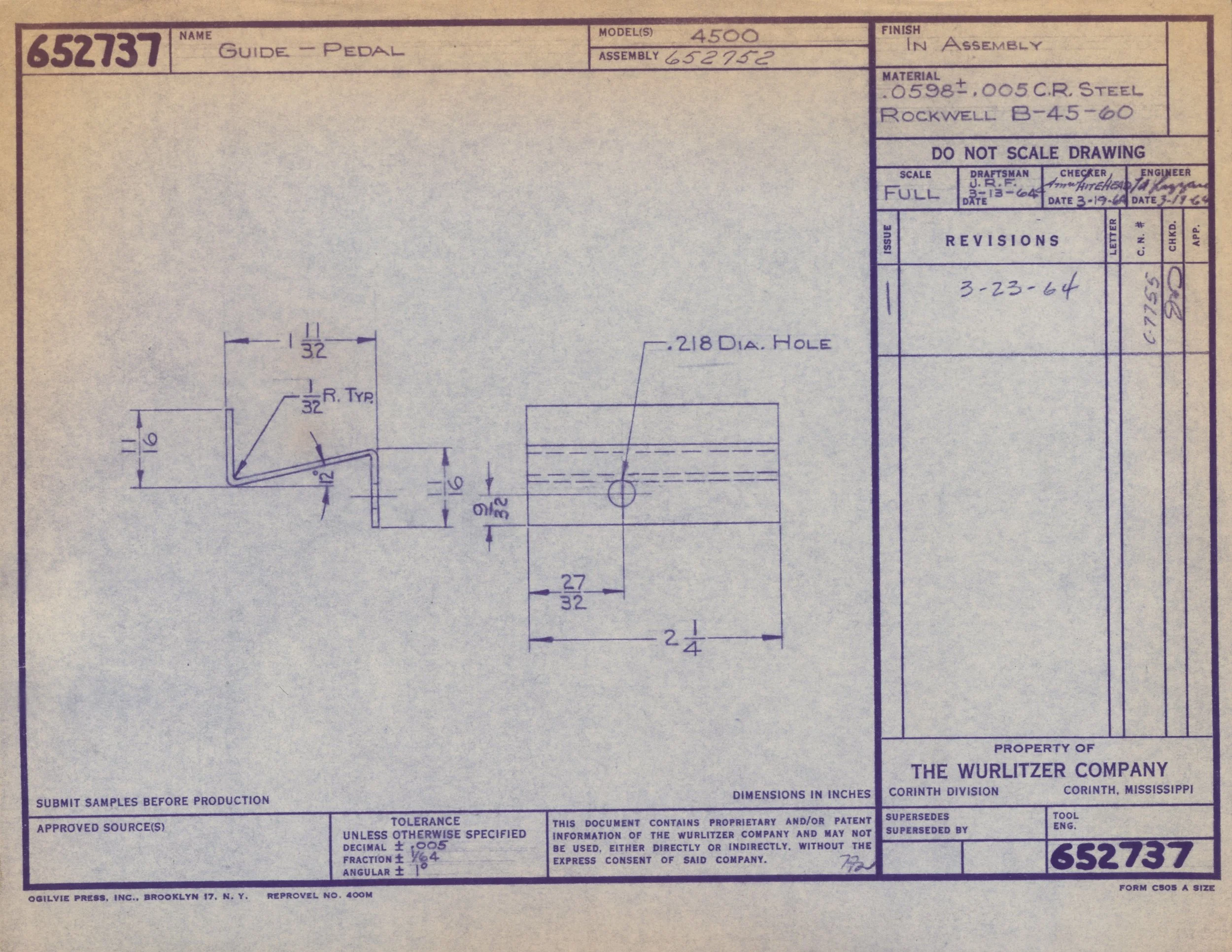 Technical blueprint of a guide pedal with detailed dimensions and specifications, including material, model number, and assembly information.