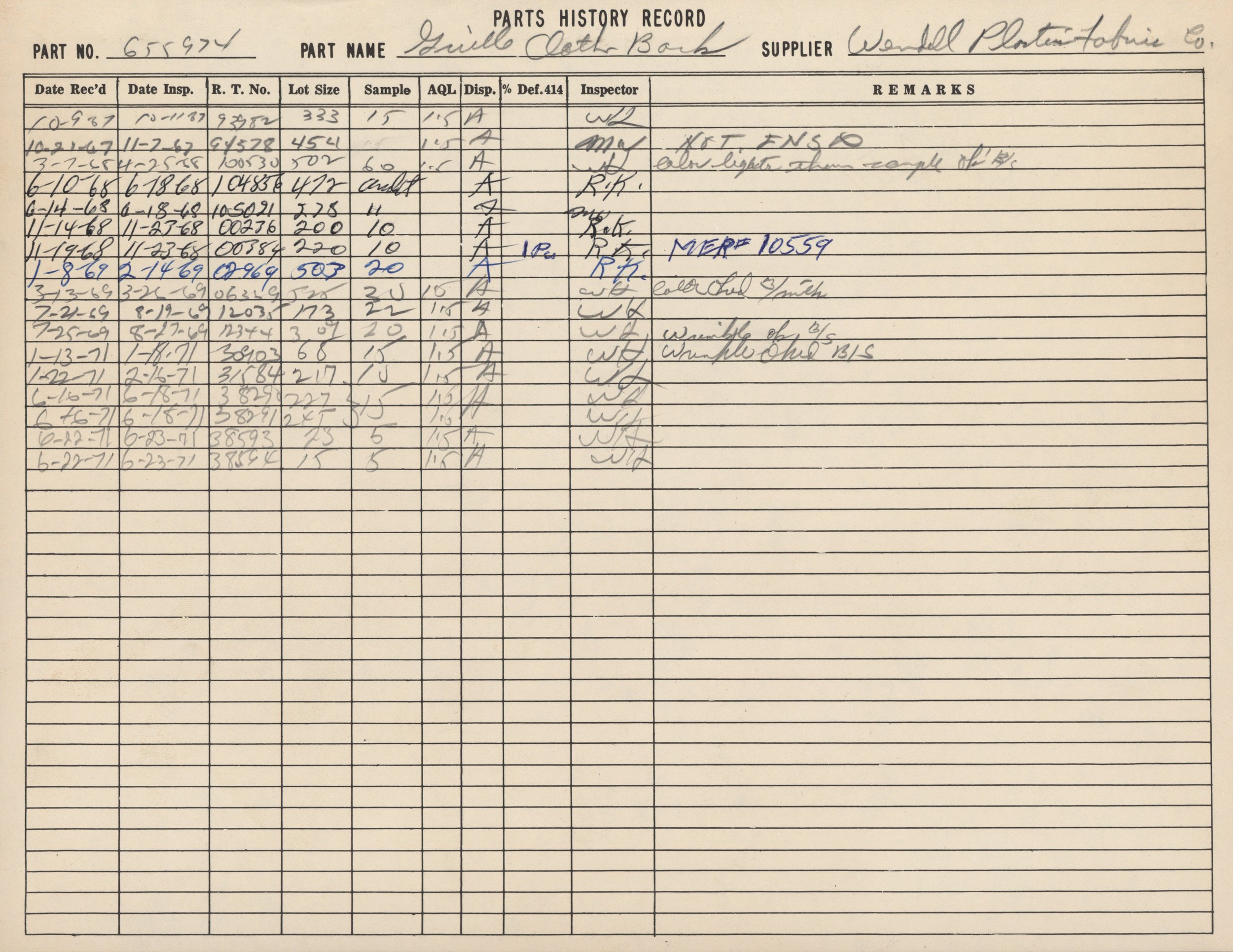A handwritten record of parts history, showing part number 655974, part name 'Griddle, Oatmeal, Board,' supplied by Wendel Platten Tobin Co., with various dates, lot sizes, samples, and inspector remarks.