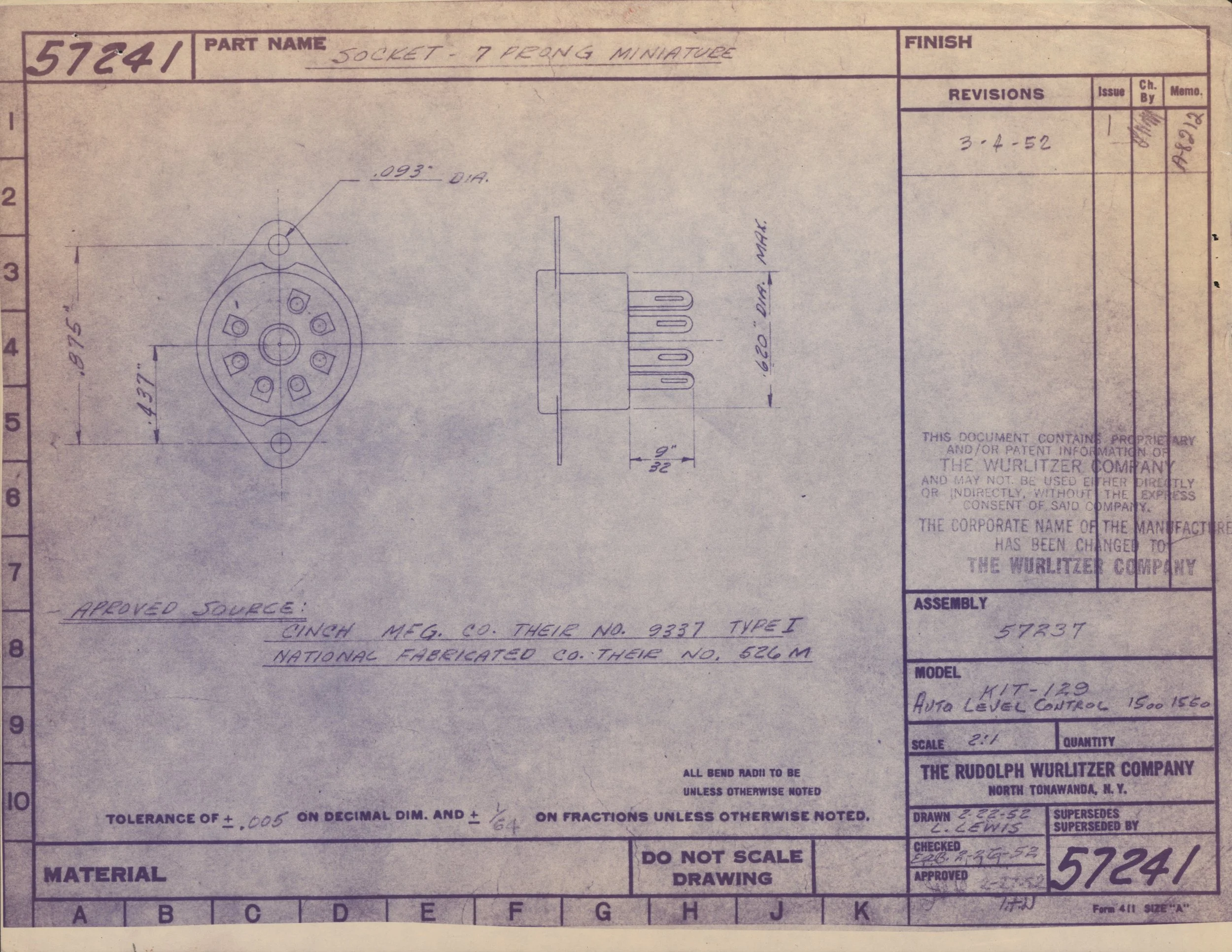 Technical blueprint or engineering drawing of a mechanical component labeled as 'Socket - 7 Prong Miniature,' showing front and side views with measurements, revision date March 4, 1952, and information about material, scale, and manufacturing detail