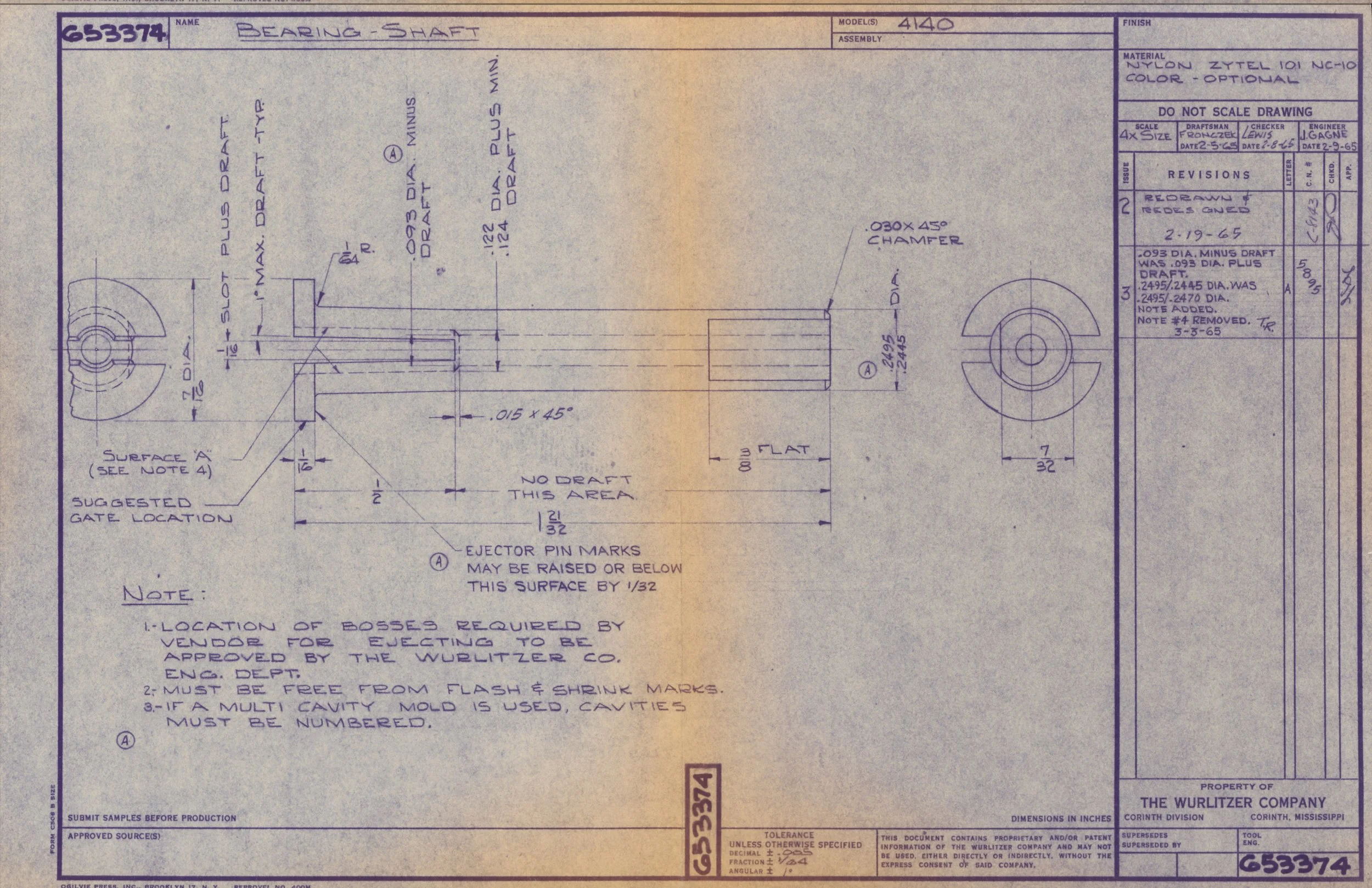 Technical engineering drawing of a bearing shaft with detailed dimensions, notes, and specifications, annotated with measurements and material information.