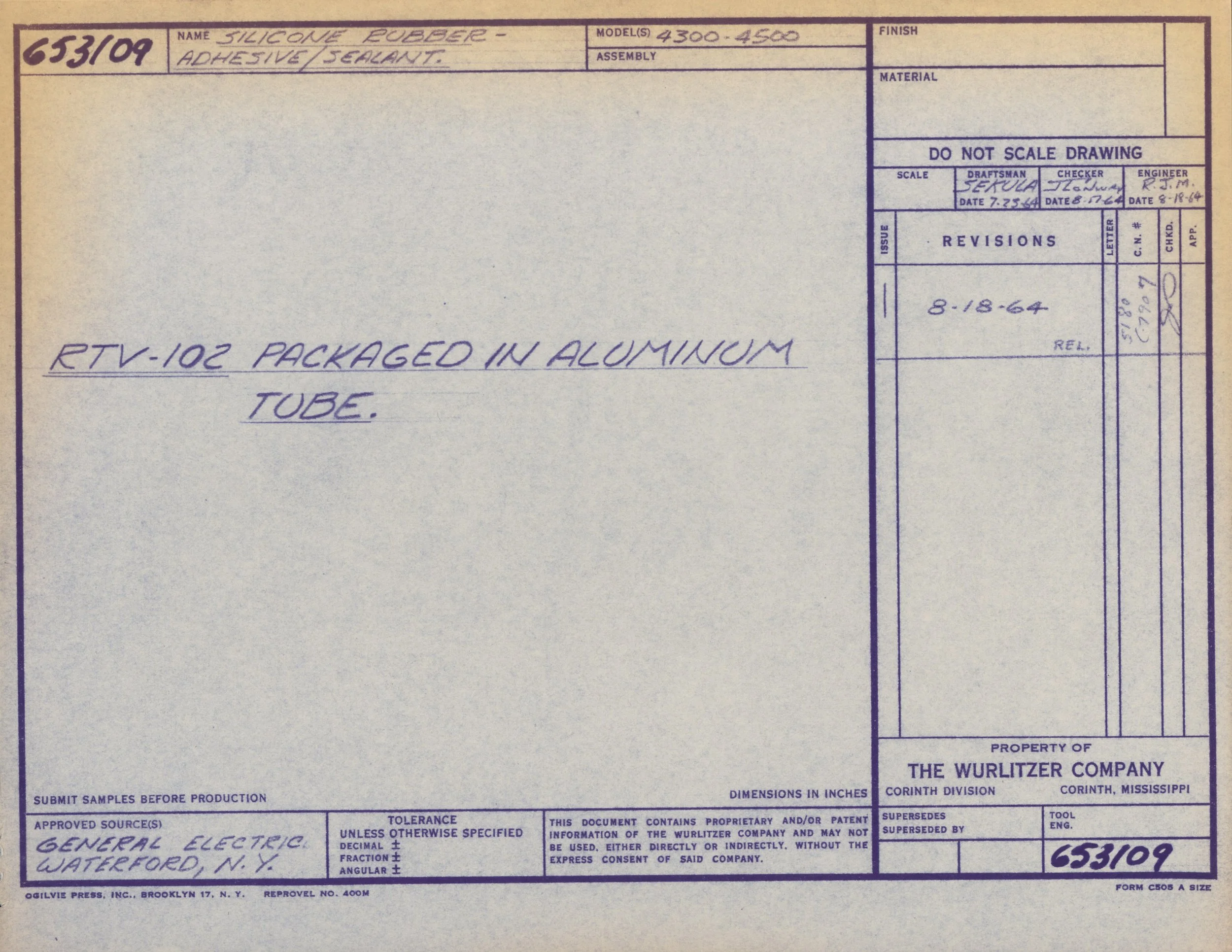 A technical drawing or blueprint for silicone rubber adhesive sealant packaging, indicating specifications, revision details, and company information.