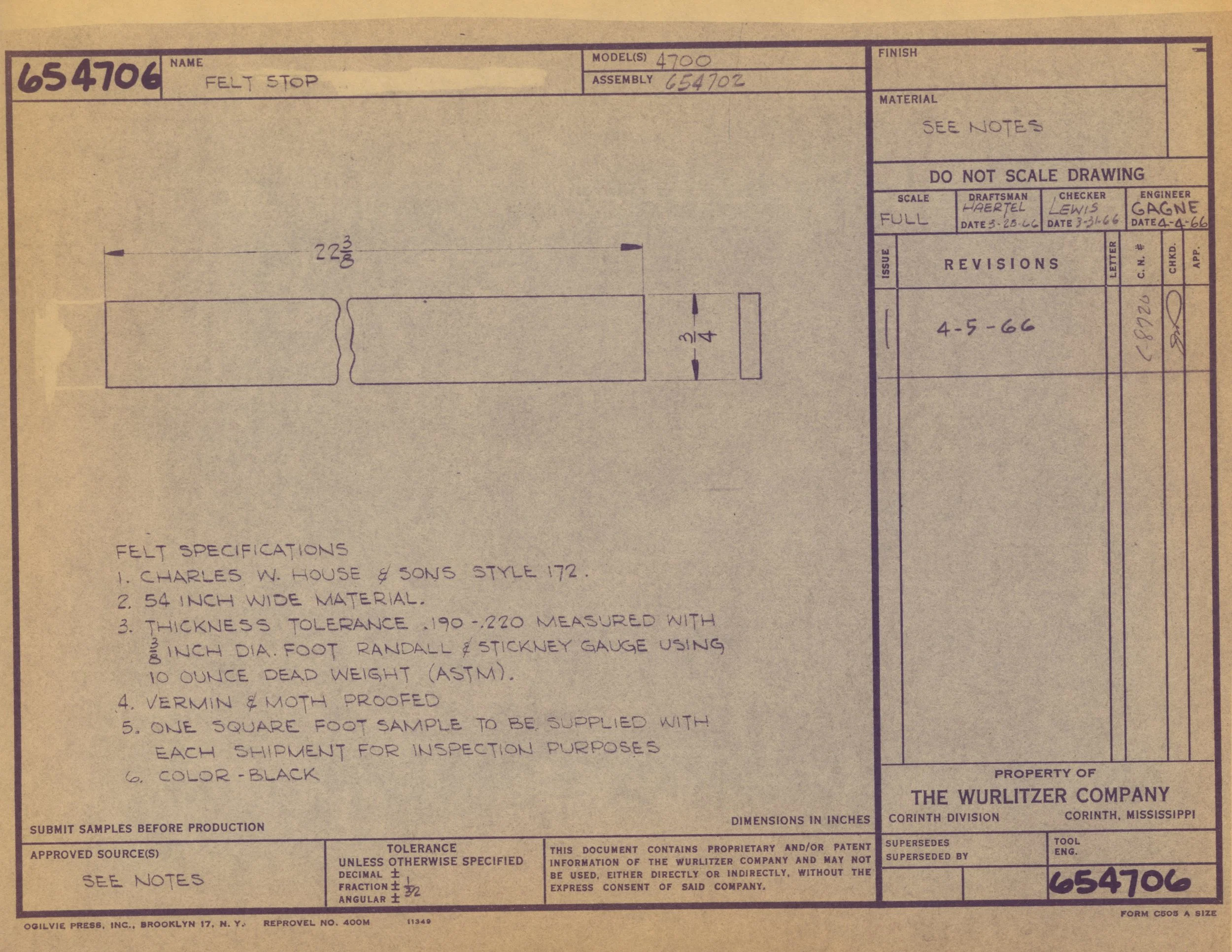 A technical drawing or blueprint for a felting product, titled 'FELT STOP,' with measurements and specifications, issued by The Wurlitzer Company, dated 1966.