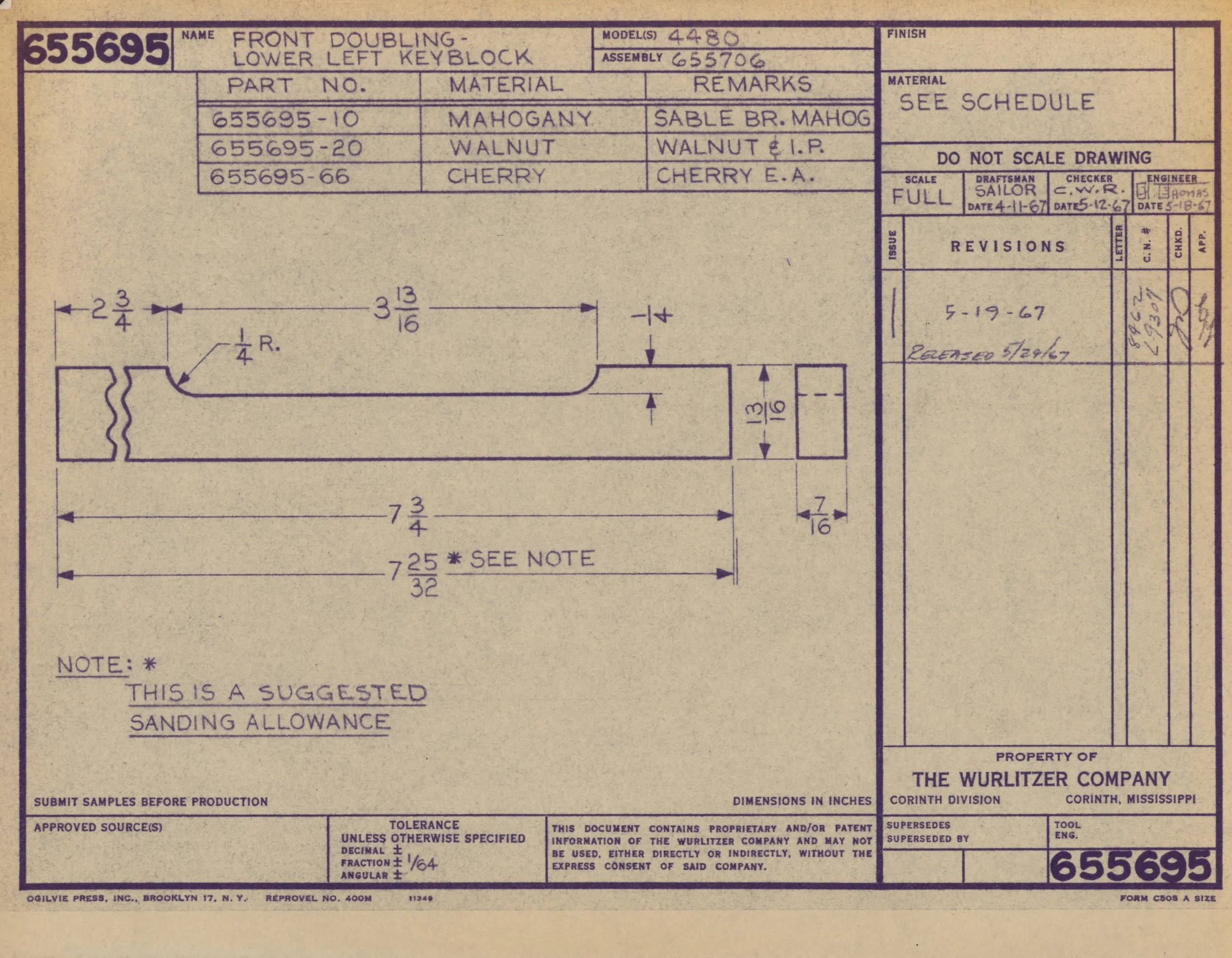 Blueprint for a lower left keyboard section made of mahogany, walnut, and cherry, with detailed measurements and annotations.