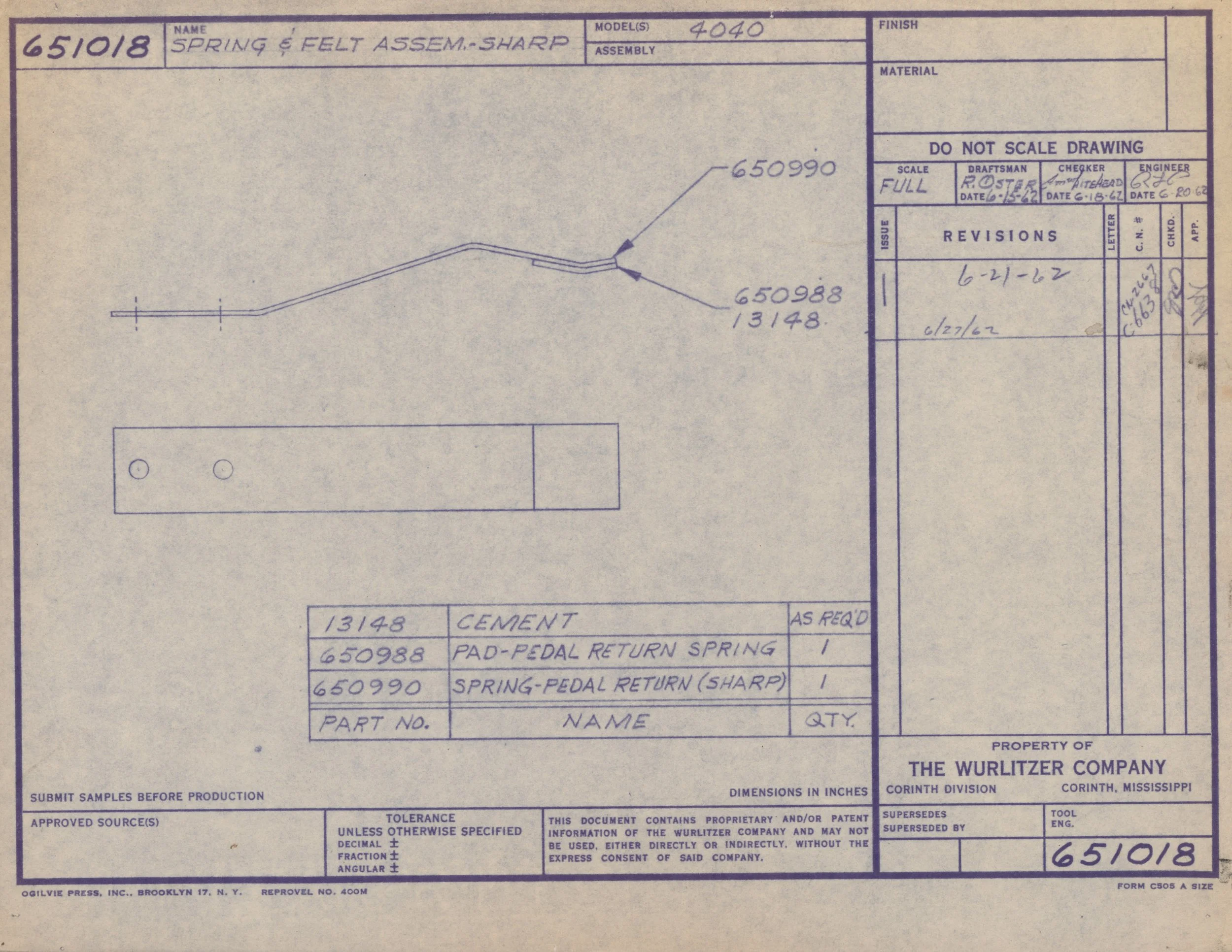Technical drawing of a mechanical part labeled 'spring and felt assembly, sharp'. The drawing includes part numbers, revision dates, and design notes, with dimensions and sketches indicating the part's shape and structure.
