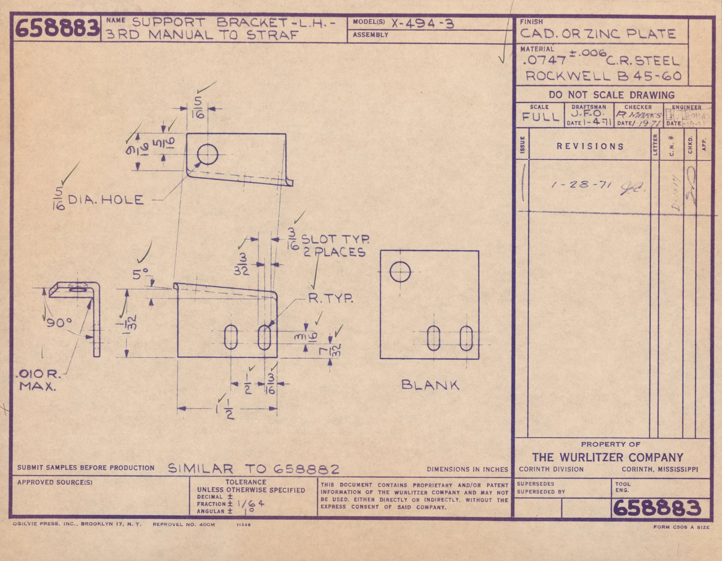 Technical engineering drawing of a support bracket with detailed measurements and annotations, created for manufacturing purposes.