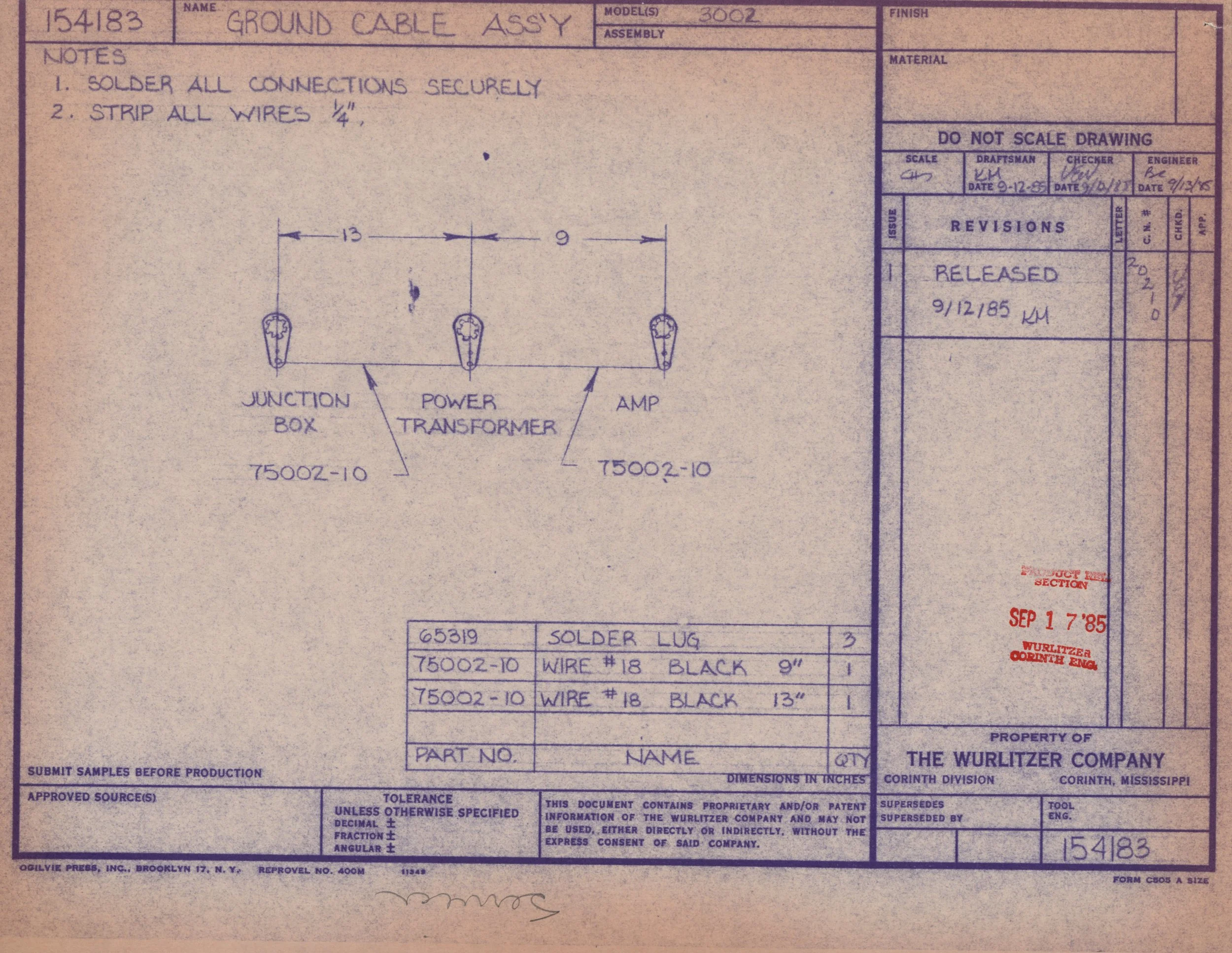 Technical engineering drawing for a ground cable assembly, including instructions to solder connections, strip wires, and labels for various components such as a junction box, power transformer, and amplifier. Contains handwritten specifications, par