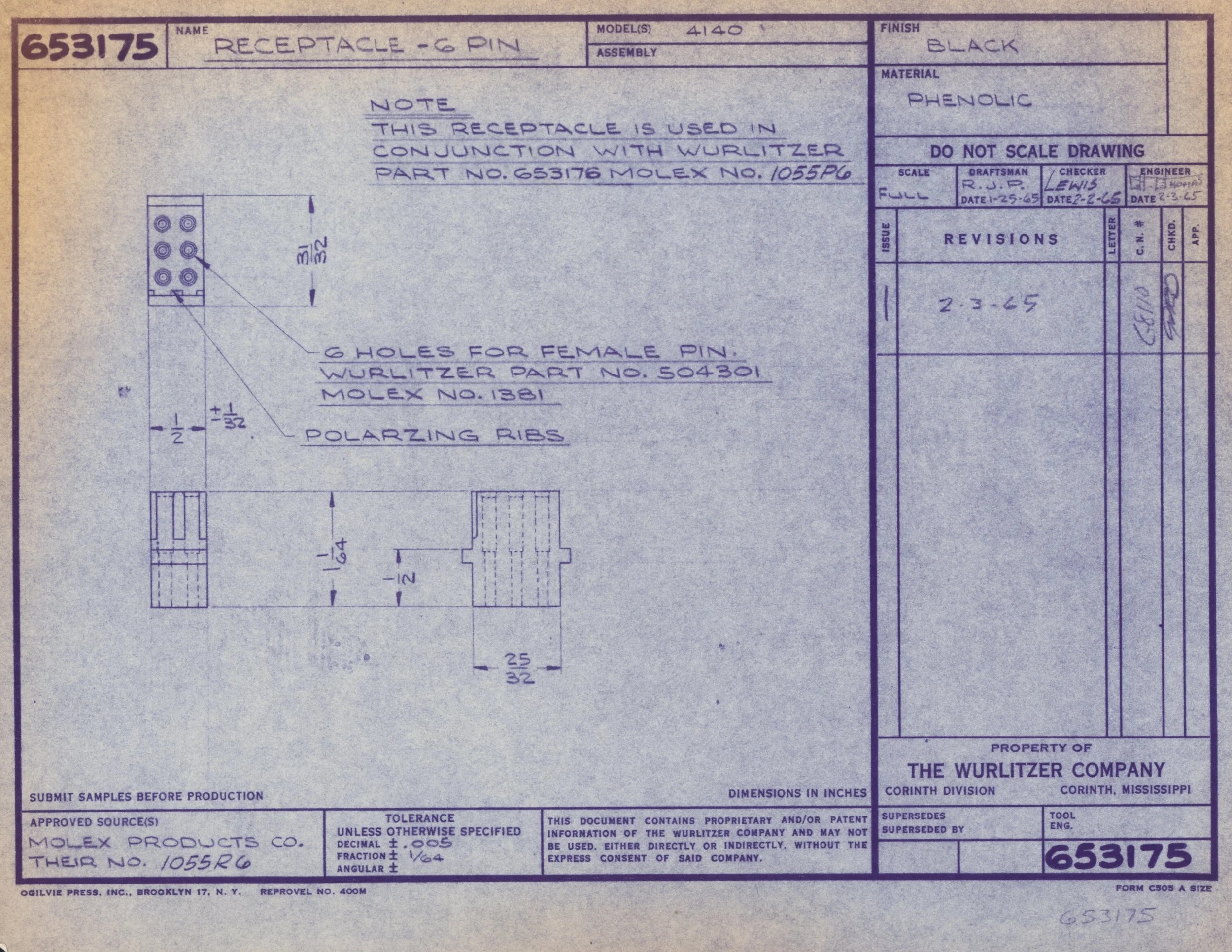 Blueprint drawing for a 6-pin receptacle model 4140, with technical specifications including dimensions, materials, and revisions, produced by The Wurlitzer Company.