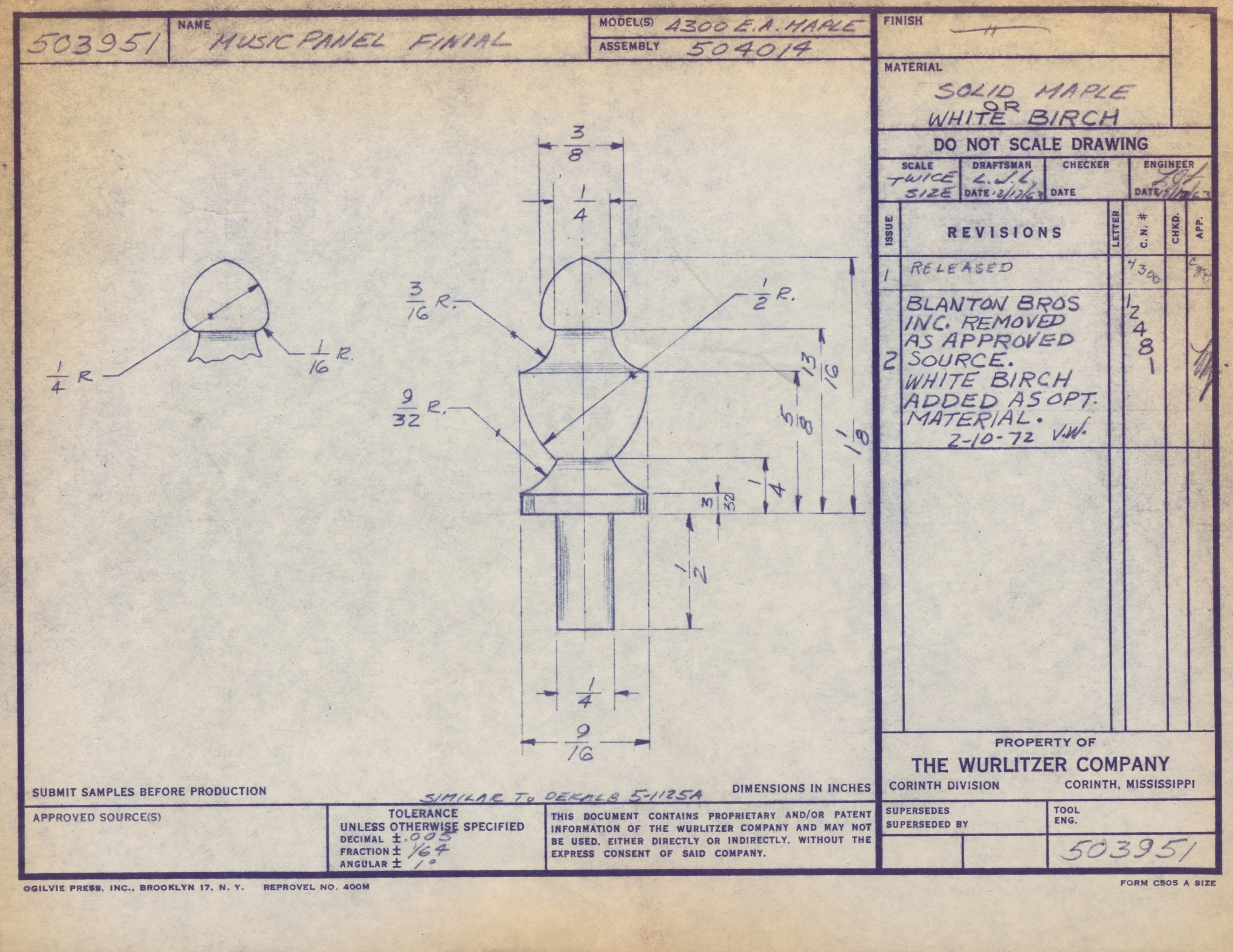 Technical drawing of a decorative furniture piece, labeled "Mush Panel Final," with dimensions and annotations. The drawing includes side and front views, with measurements in inches, on a blueprint from The Wurlitzer Company, dated 1972, made by Olg