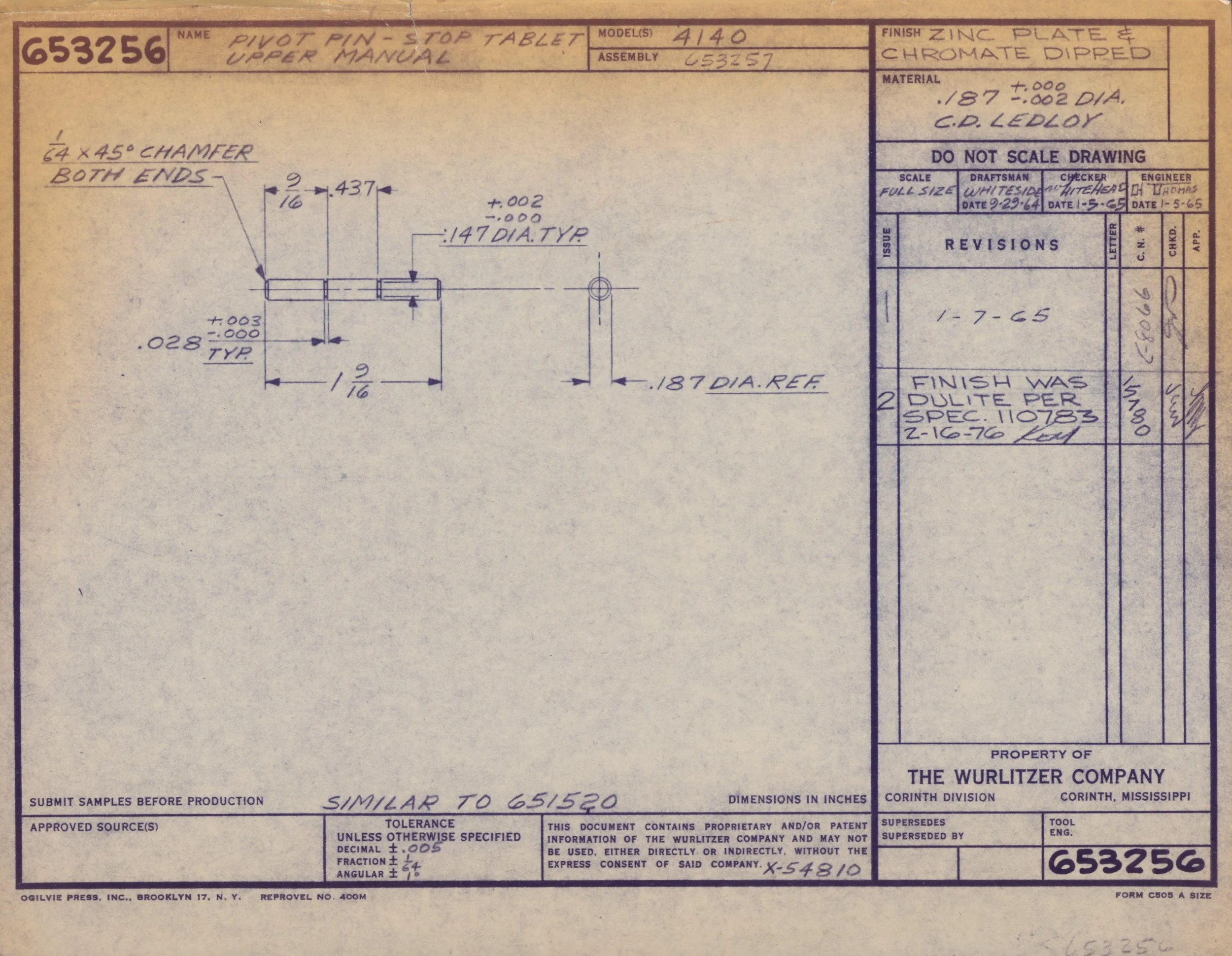 Technical engineering drawing of a pivot pin-stop tablet, upper manual, with detailed dimensions and specifications, created by The Wurlitzer Company, dated 1964.