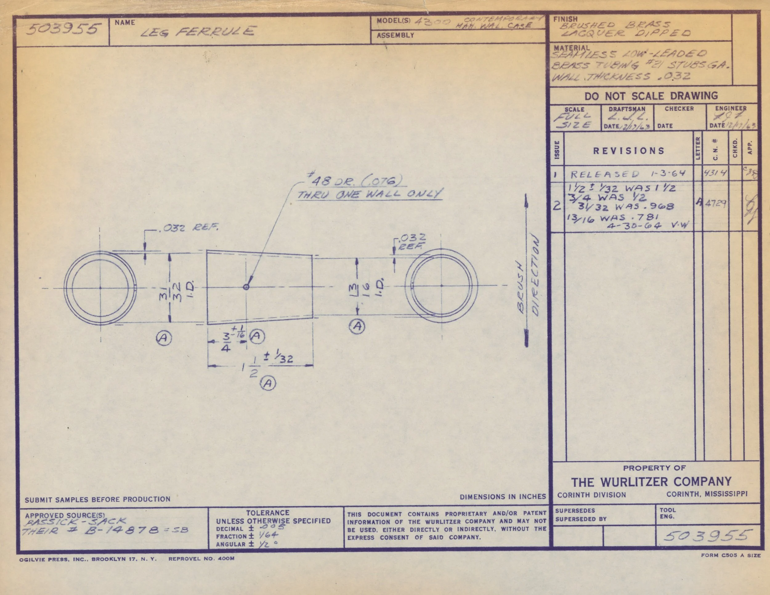 Technical drawing blueprint for a mechanical part with labeled dimensions and notes, created by The Wurlitzer Company.