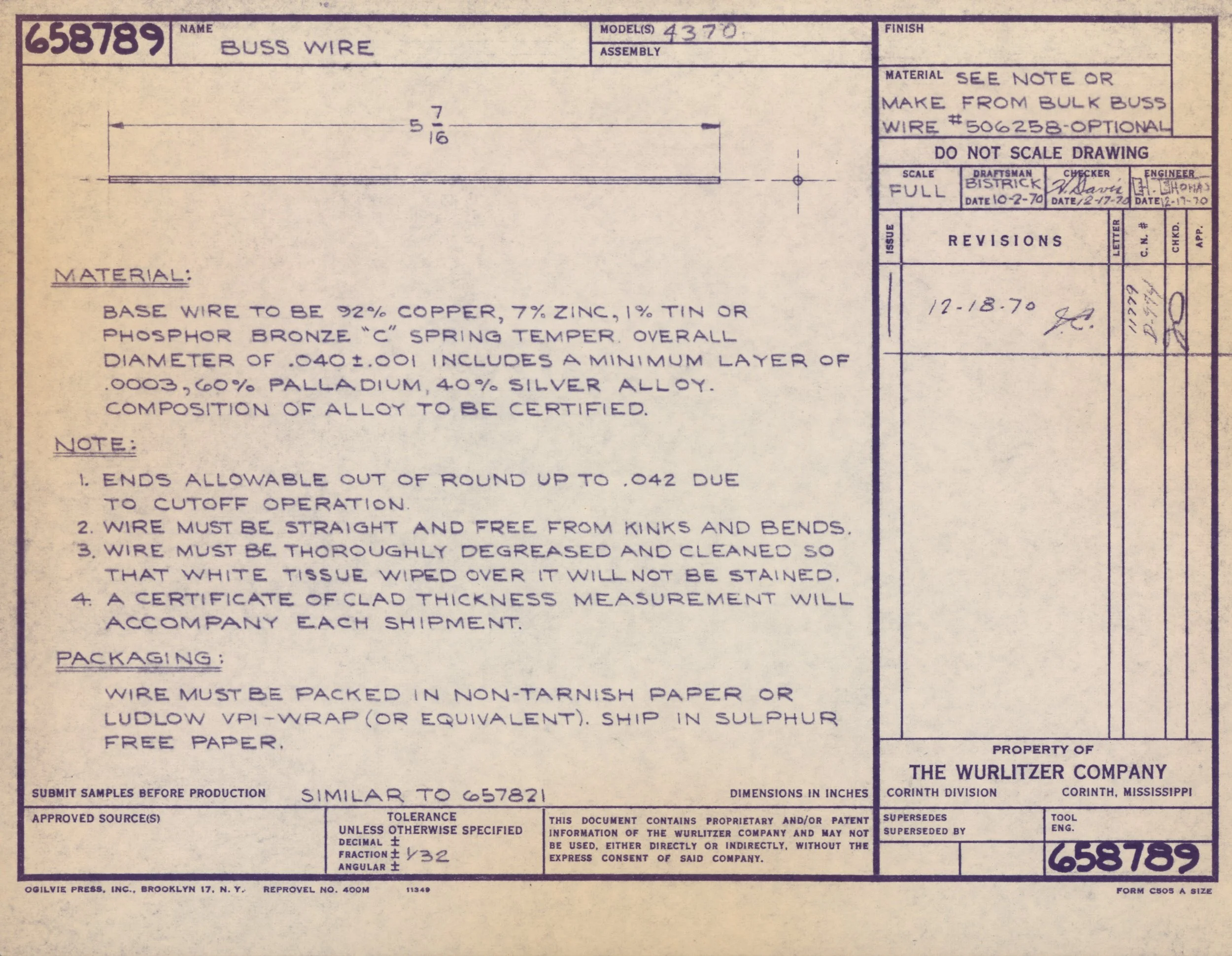 Technical drawing of bus wire with measurements and specifications, created on December 18, 1970, by the Wurlitzer Company.