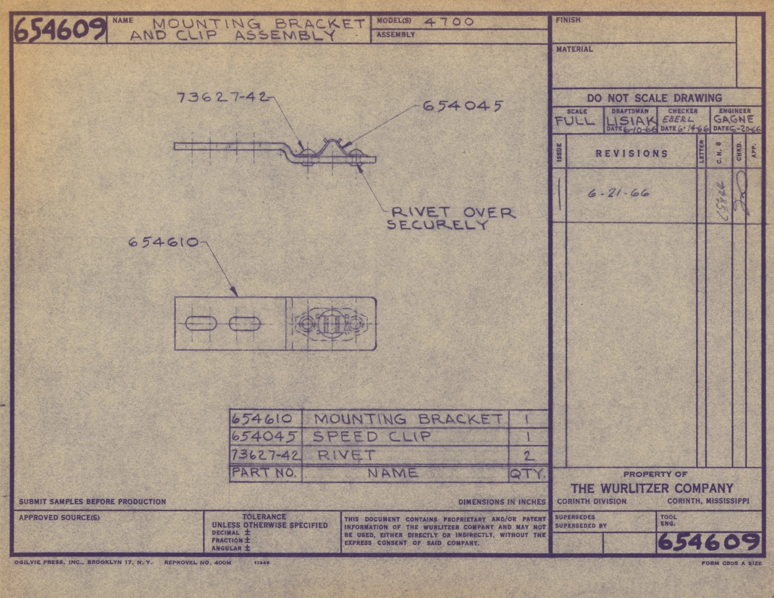Blueprint showing details for mounting bracket and clip assembly. Contains part numbers, descriptions, revisions, and approval information. Includes technical specifications such as scale, date, and company details.