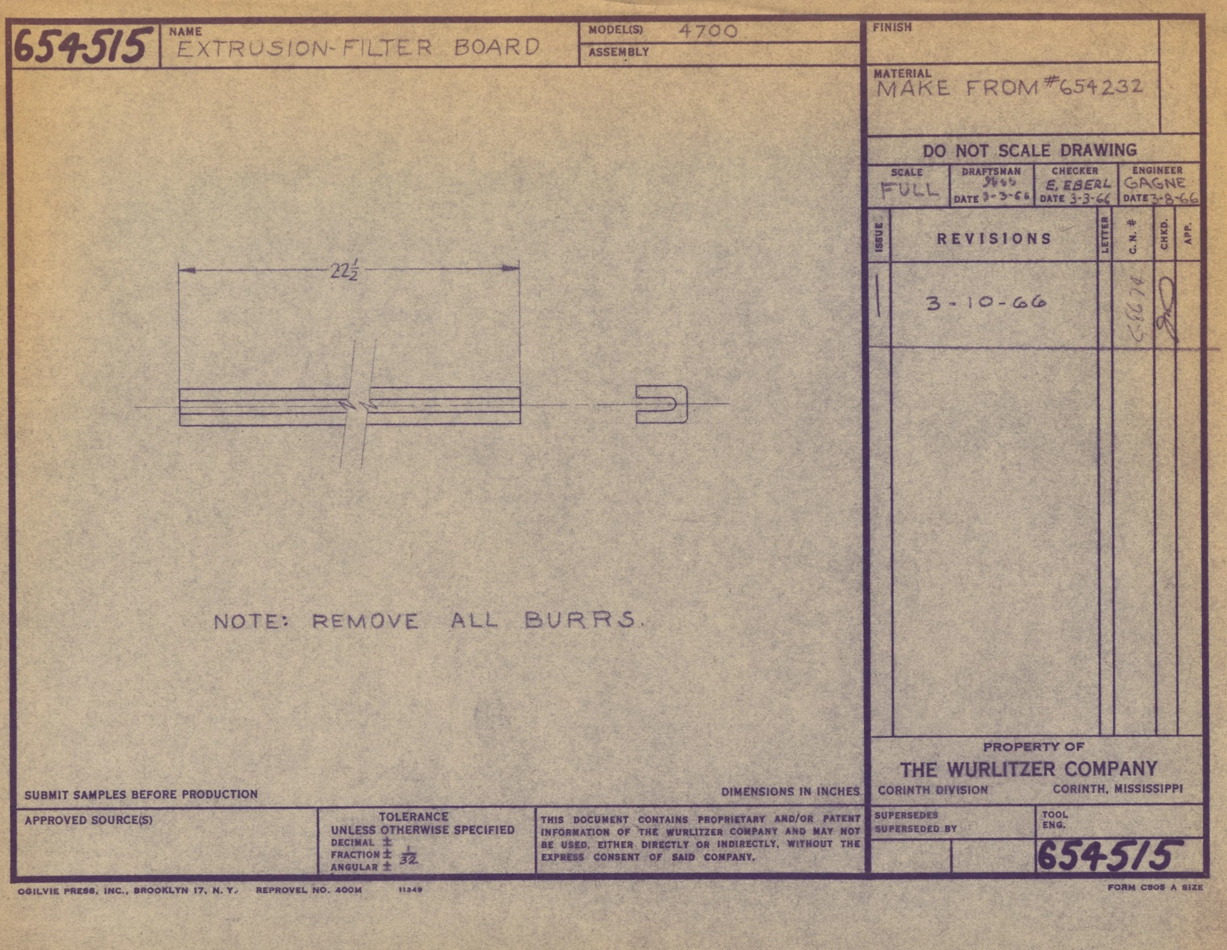 Blueprint for an extrusion filter board, with measurements and technical notes, produced by The Wurlitzer Company in Corinth, Mississippi.