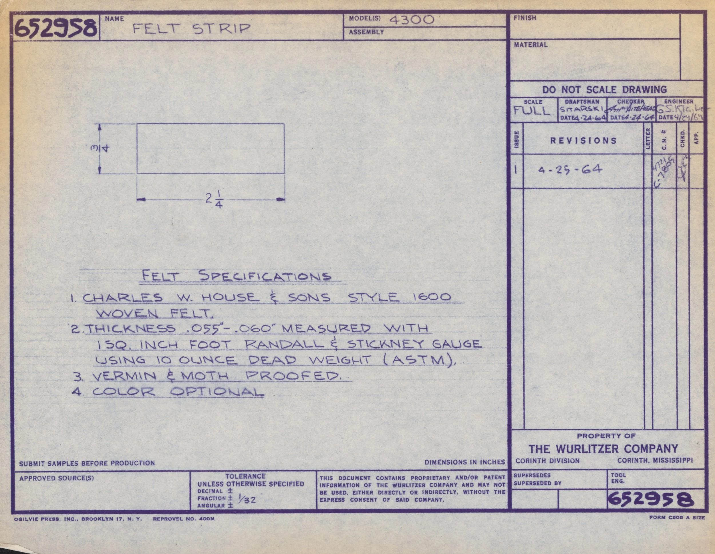 A blueprint for felt strip specifications, including dimensions, materials, and production notes, with handwritten details and signatures.