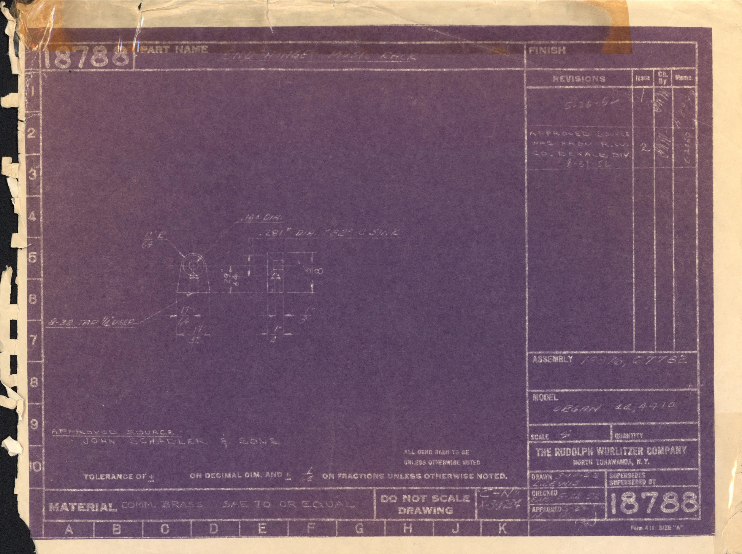A vintage blueprint drawing printed on purple paper with technical diagrams, measurements, and notes related to a mechanical part or assembly from the Rudolph Wurlitzer Company, dated 1978.