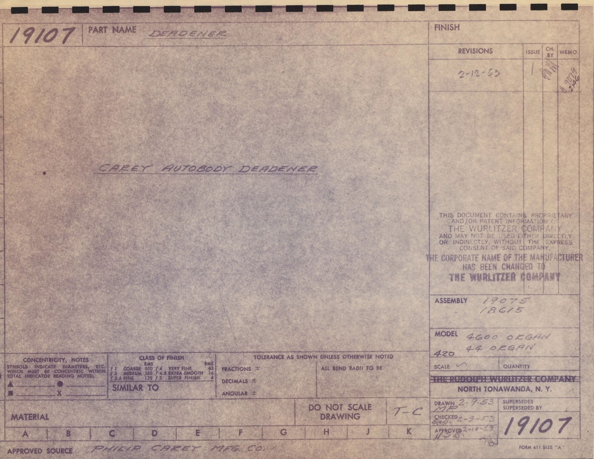 A technical drawing or blueprint of a part named 'DERADNER' by Carey Autobody Deradner, with various handwritten notes, part numbers, model information, and instructions for assembly.
