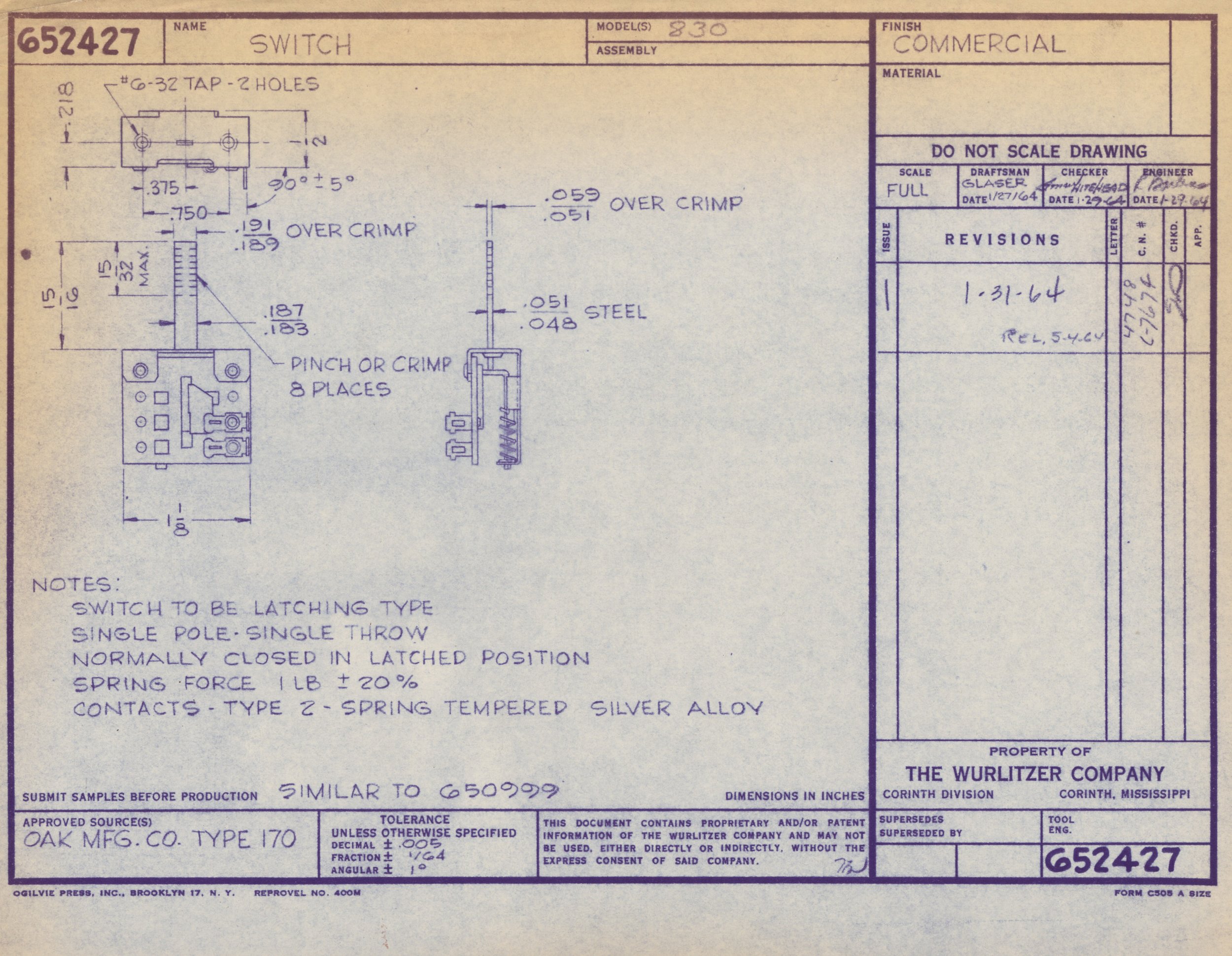 Blueprint technical drawing of a switch, with dimensions, labels, and revision notes. It includes details about the switch type, mounting, and parts like spring force and contacts.