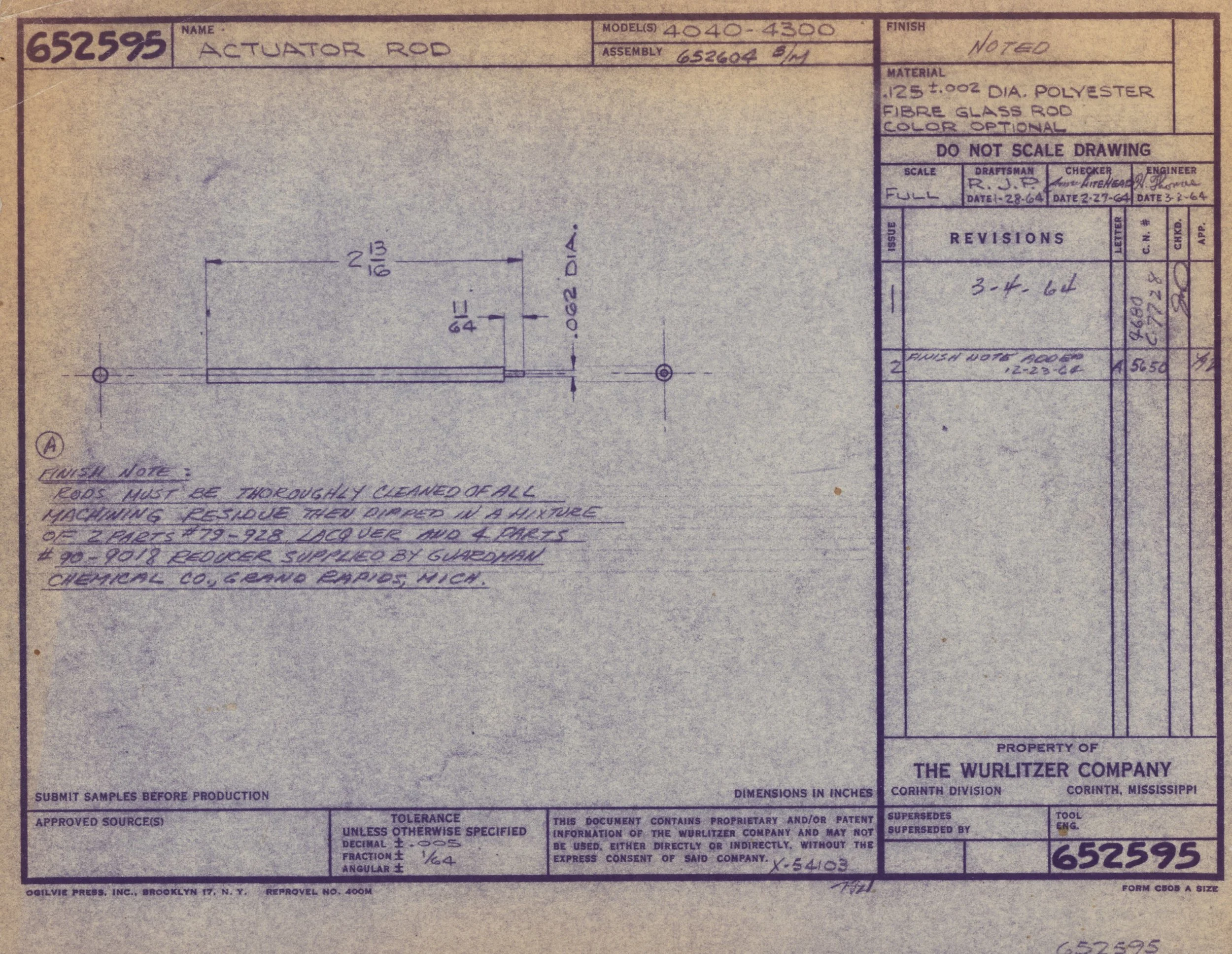 Blueprint drawing of an actuator rod, including detailed measurements and specifications, with handwritten notes and signatures, titled 'ACTUATOR ROD'.