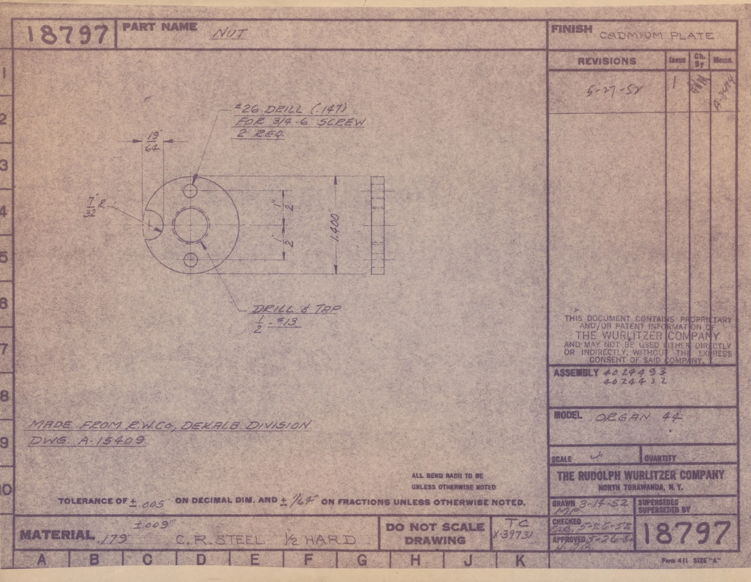 Technical drawing of a mechanical part labeled 'NUT'. It includes dimensions, notes on materials, and revision details at the top.