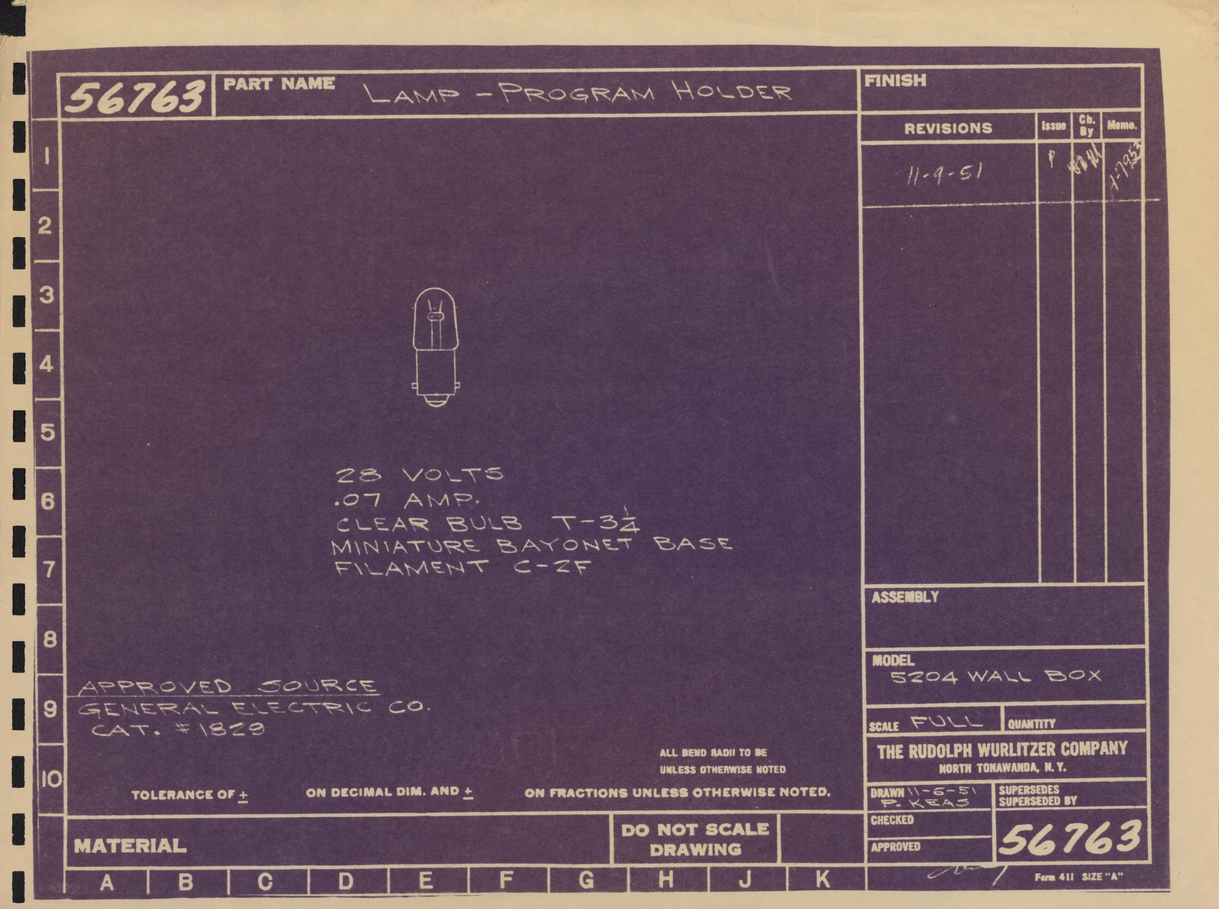 Blueprint for a lamp-program holder showing specifications, revisions, and manufacturing details.