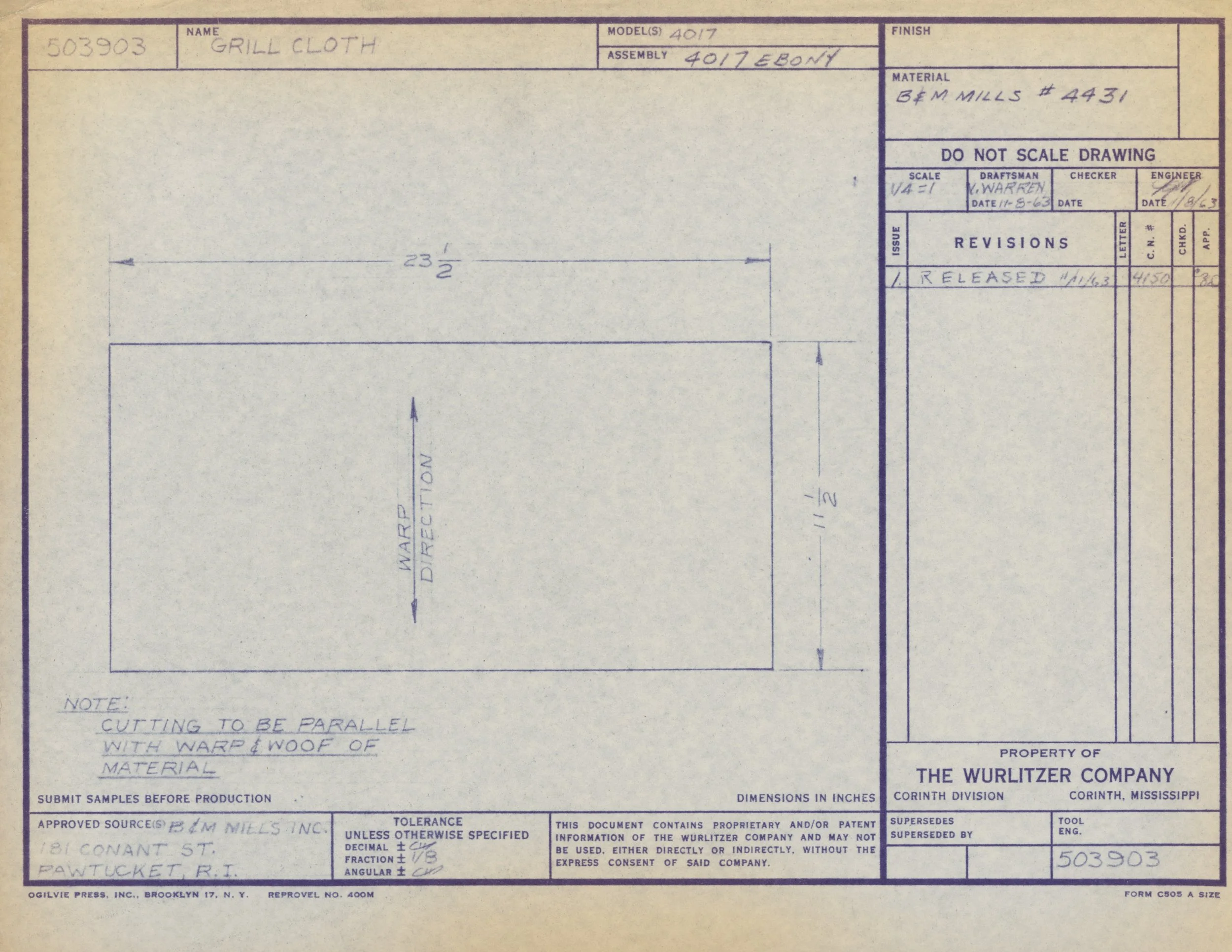 Technical drawing or blueprint for a grill cloth made of material identified as BEM Mills #4431, created by The Wurlitzer Company in Corinth, Mississippi in 1963, with handwritten notes and measurements.