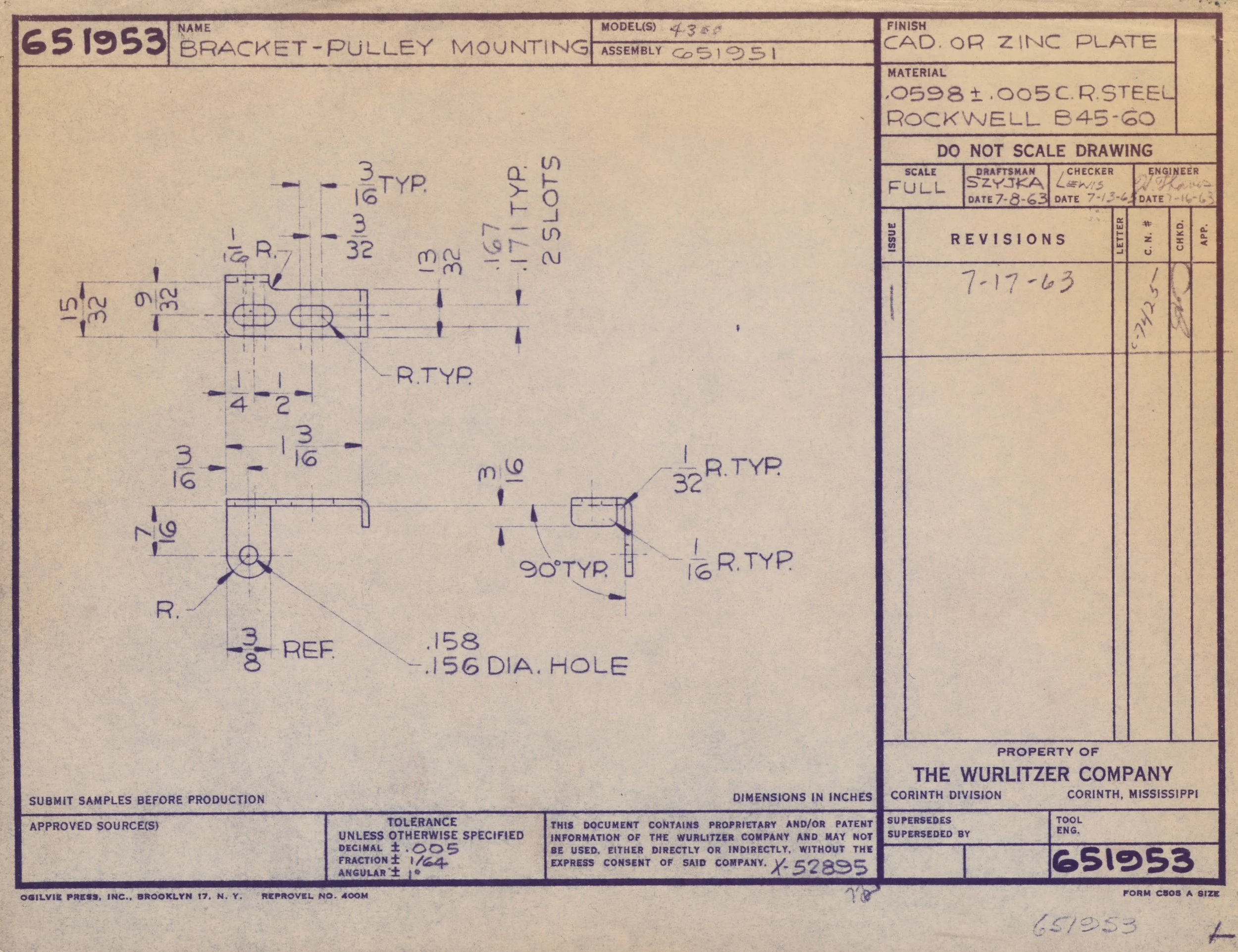 Technical engineering drawing with measurements and annotations for a mounting bracket, including dimensions and material specifications, created by The Wurlitzer Company.