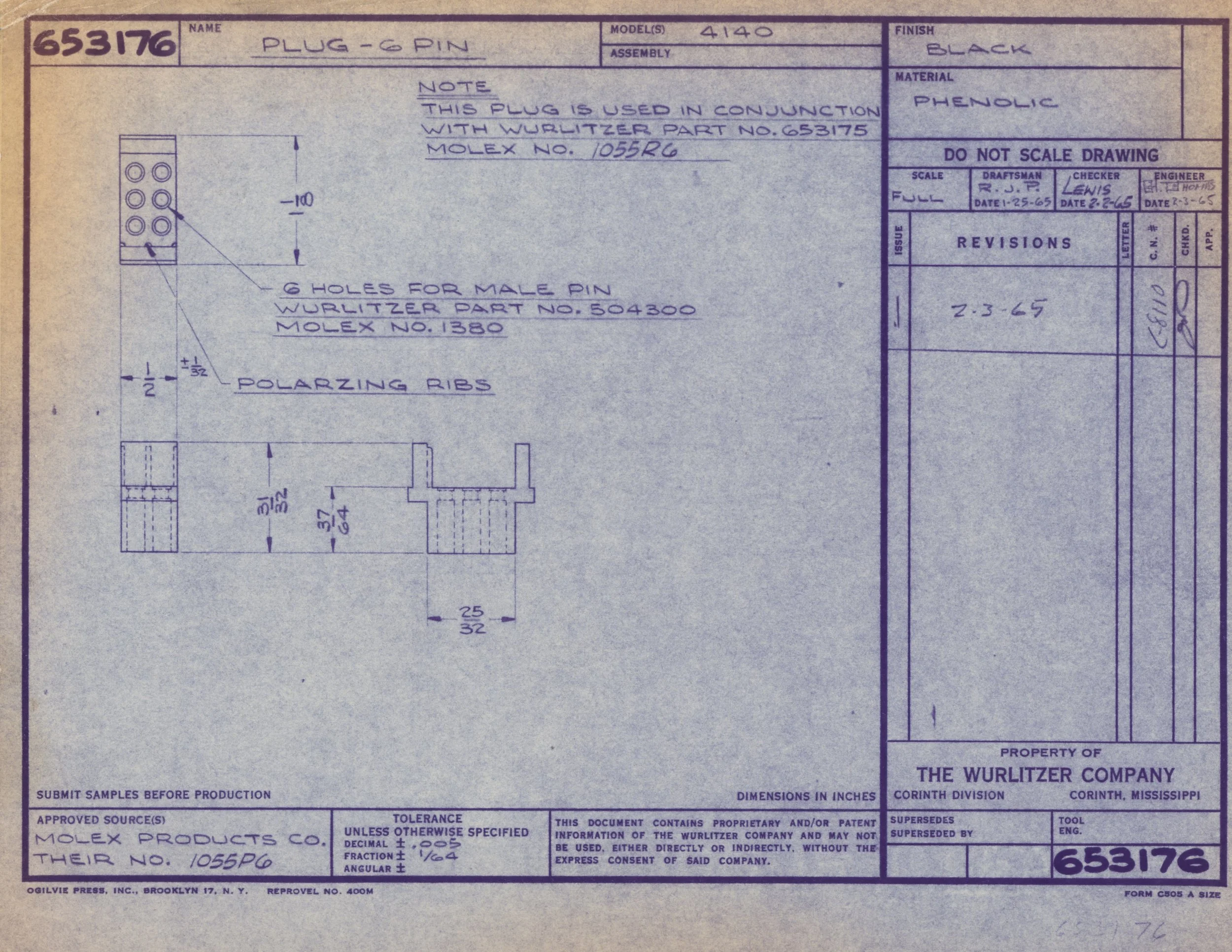 Technical drawing blueprint for a 6-pin plug with detailed measurements, notes, and specifications by The Wurlitzer Company.