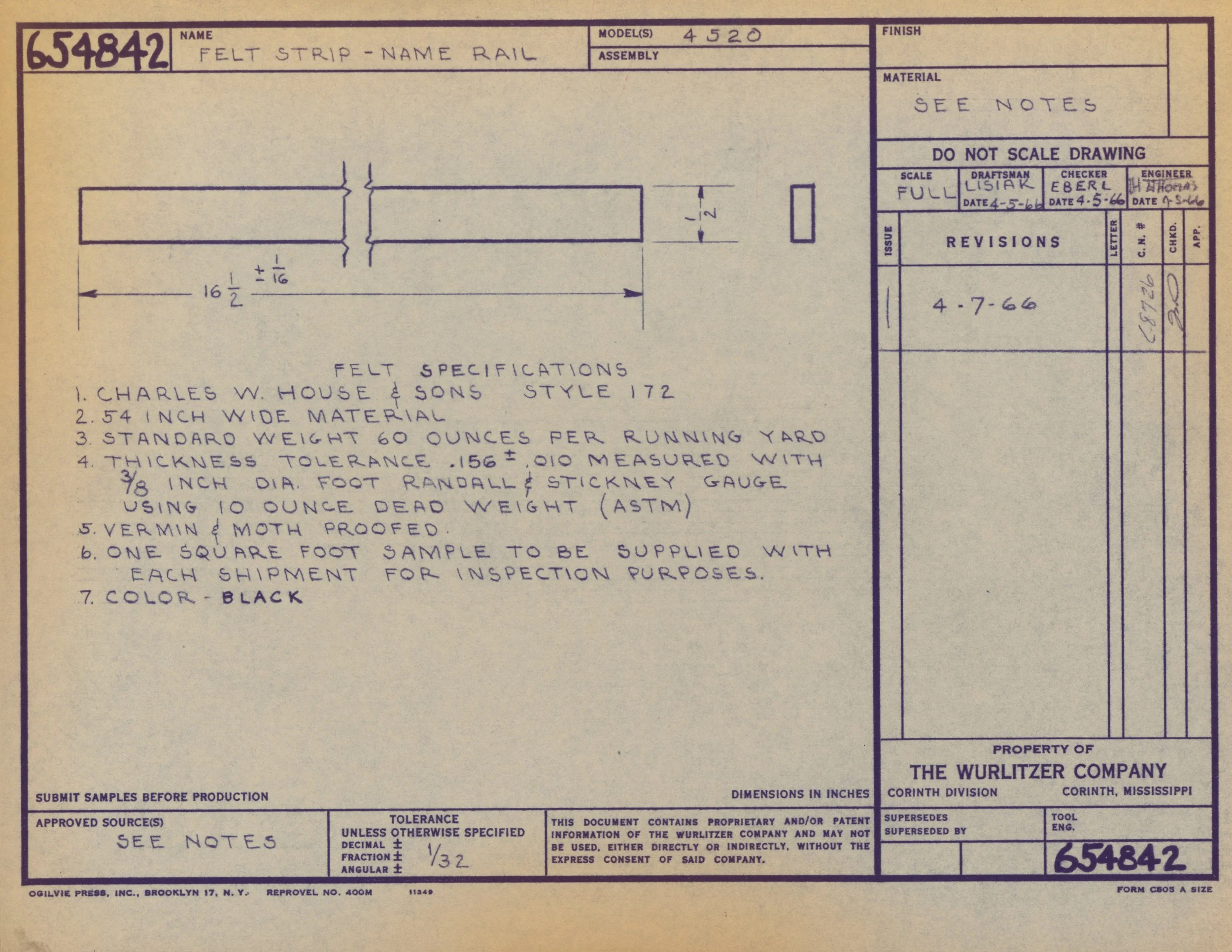 Technical drawing blueprint for a felt strip with specifications, measured dimensions, and instructions for manufacturing. Contains handwritten notes, signatures, and official information from the Wurlitzer Company.