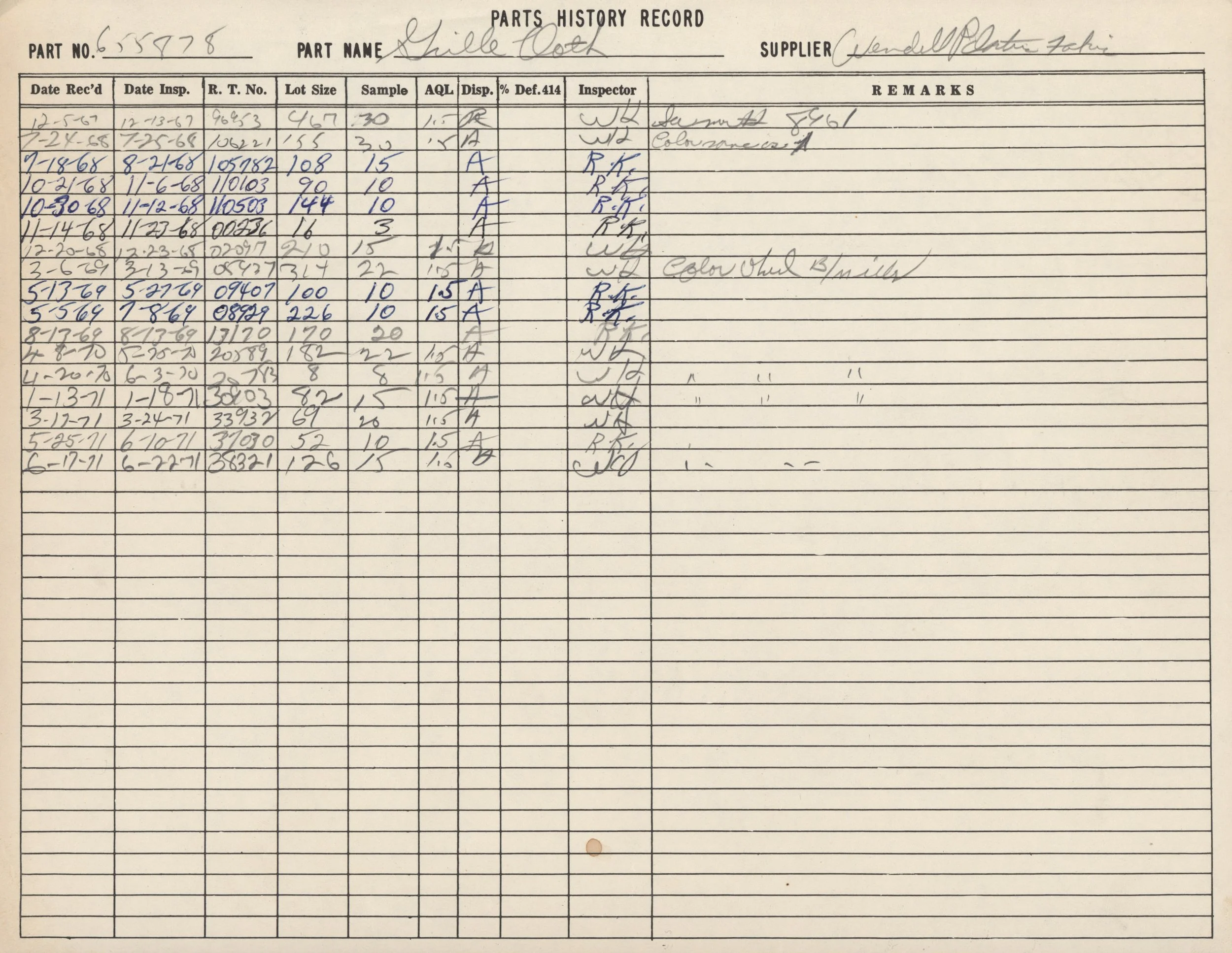 A historical record sheet titled 'Parts History Record' with handwritten entries for various part inspections, including dates, part numbers, and inspector initials.