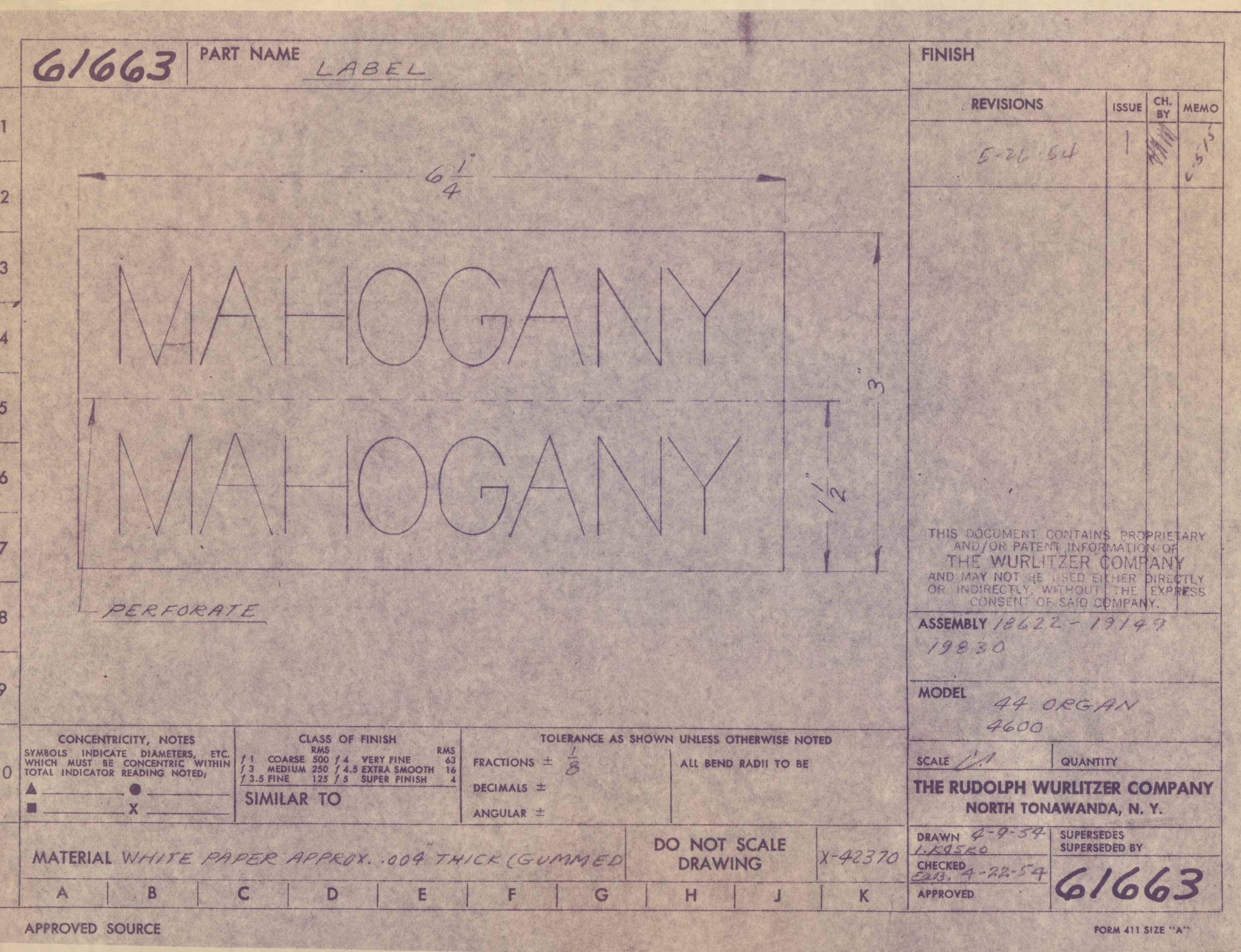 An engineering drawing of a label design showing the name 'MAHOGANY' in large outlined letters and dimensions. The drawing includes technical specifications and notes about materials and measurements.