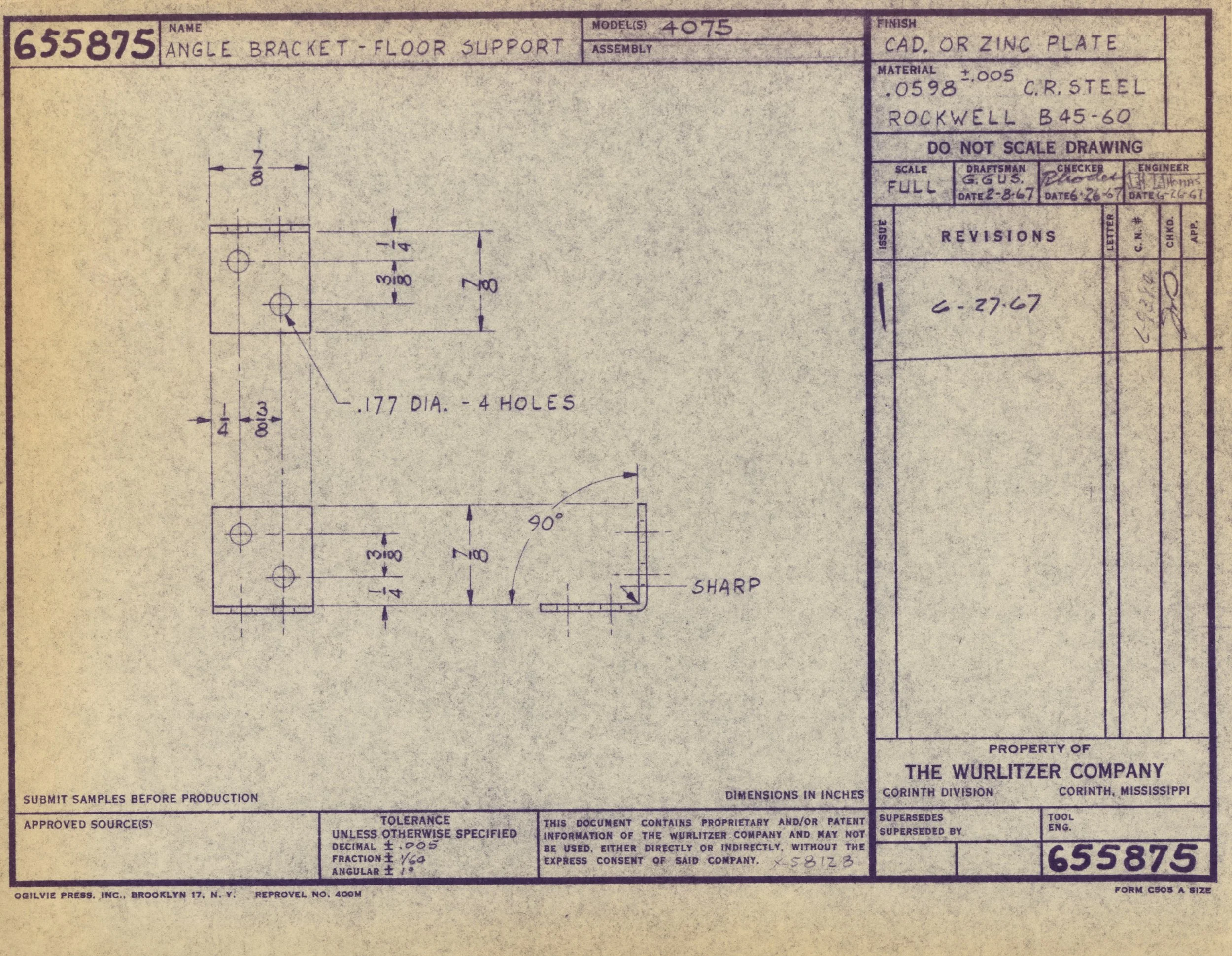 Technical drawing of an angle bracket for floor support, showing dimensions and hole positions, created by The Wurlitzer Company in Corinth, Mississippi.