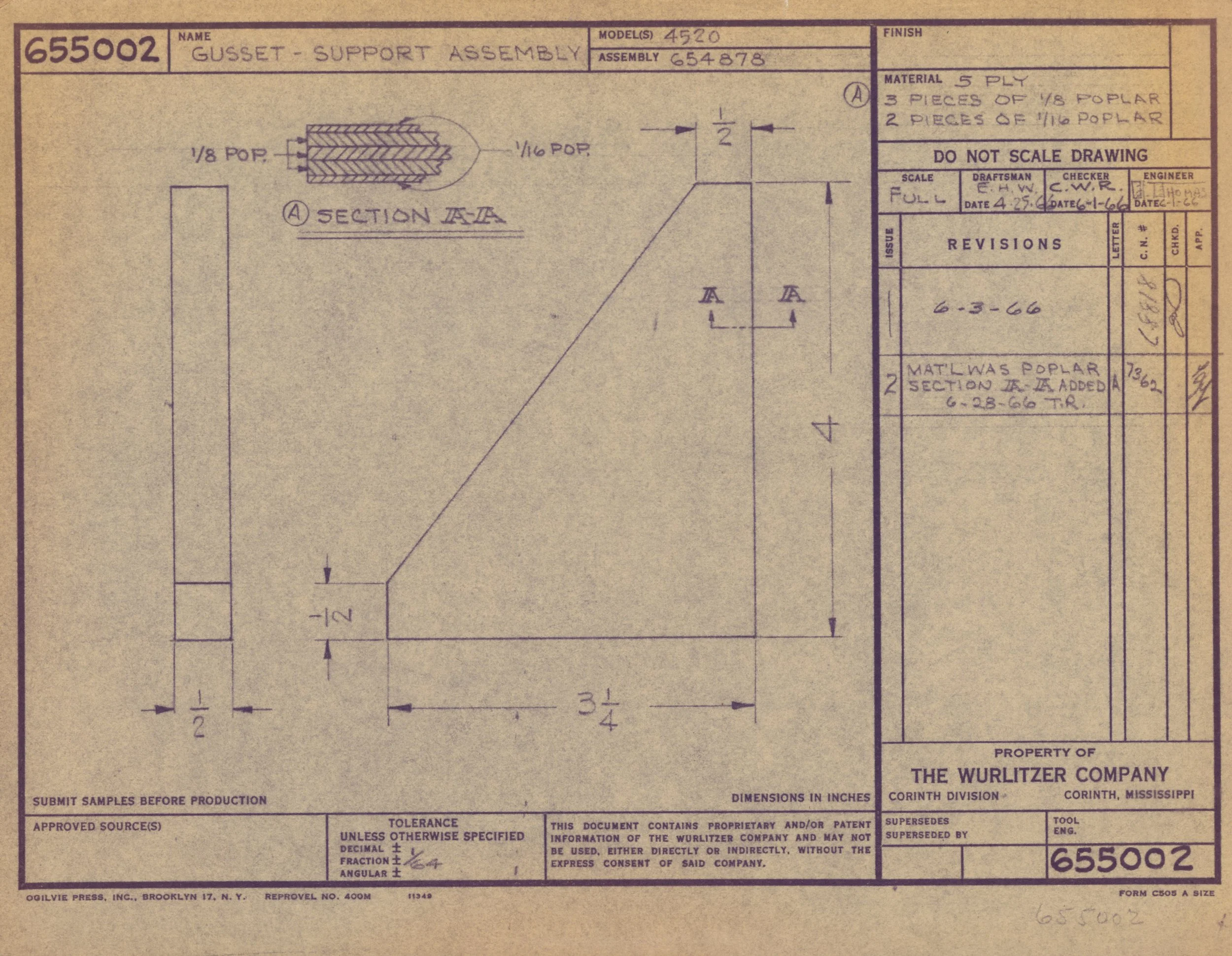 Technical drawing of a gusset support assembly labeled with dimensions and material specifications, created by The Wurlitzer Company.