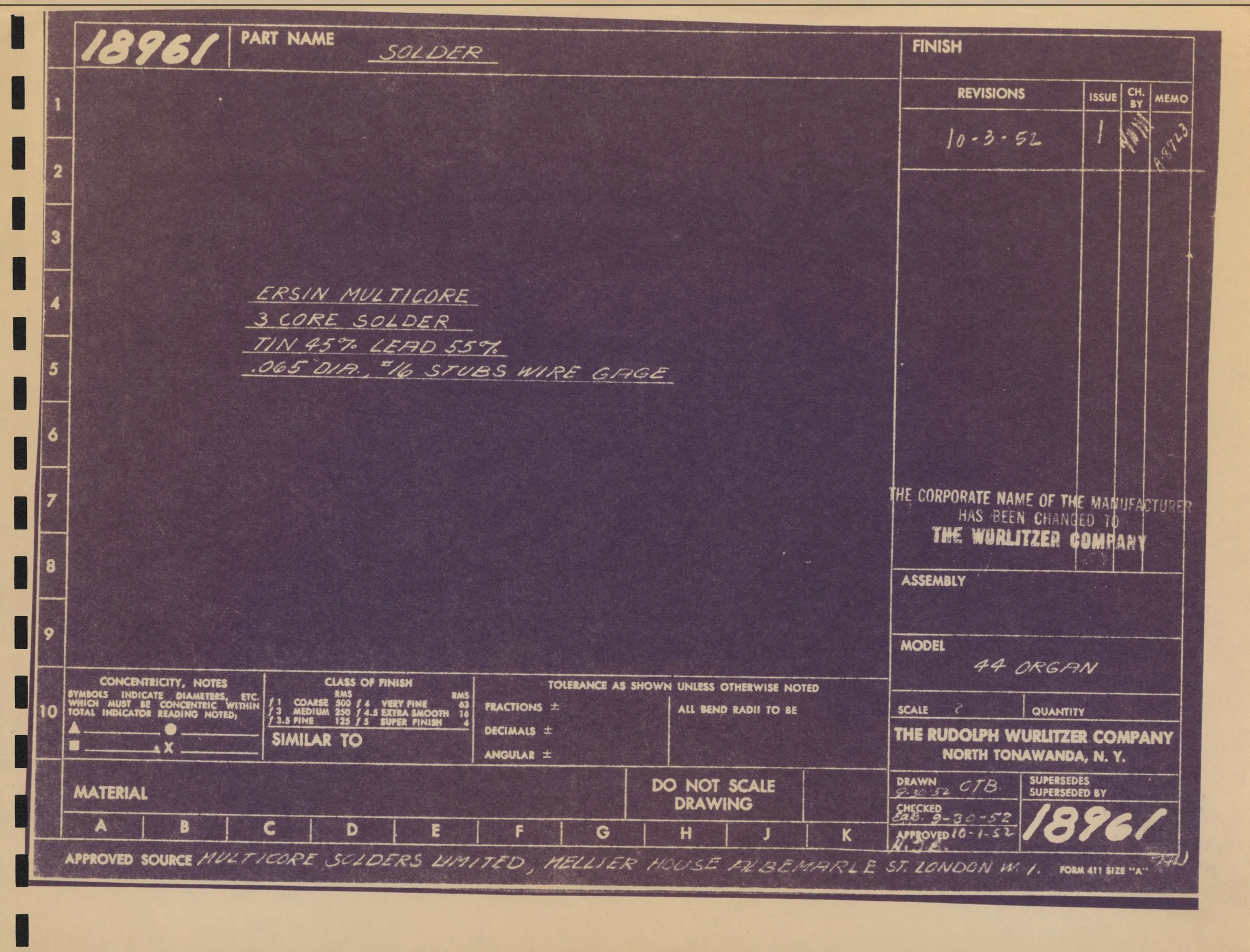 Blueprint of a solder part with handwritten notes about Ersin Multicore, 3 core solder, tin-lead alloy, with details about dimensions, material, and manufacturing specifications, dated October 3, 1952.