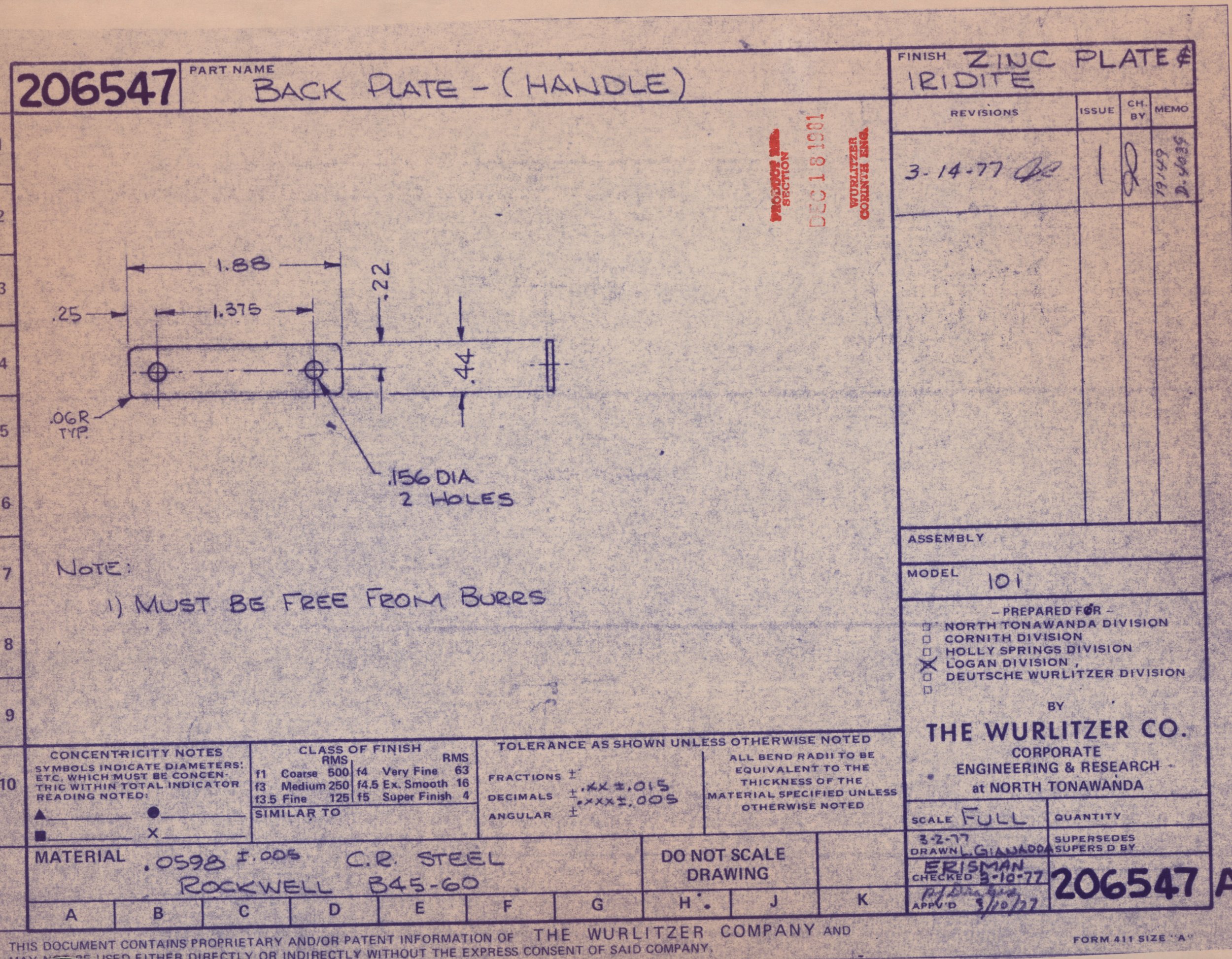 Technical engineering drawing of a back plate handle with measurements and annotations, including dimensions and material specifications, from a blueprint by The Wurlitzer Co.