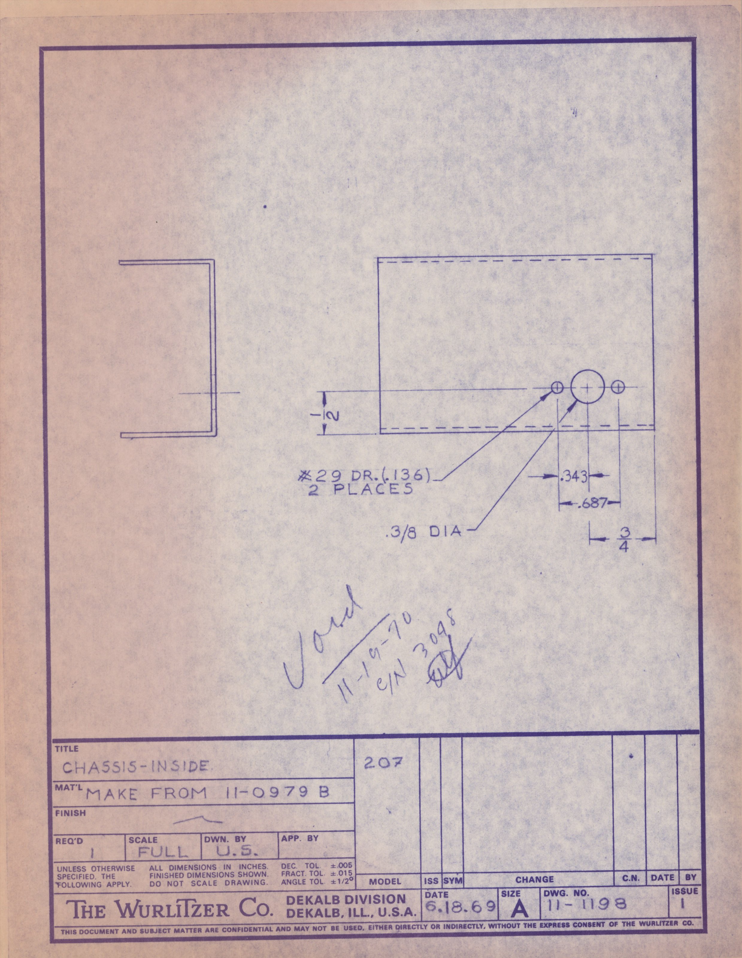 Technical drawing or blueprint of a chassis inside view, including measurements and notes, created by The Wurlitzer Co. on June 18, 1969.
