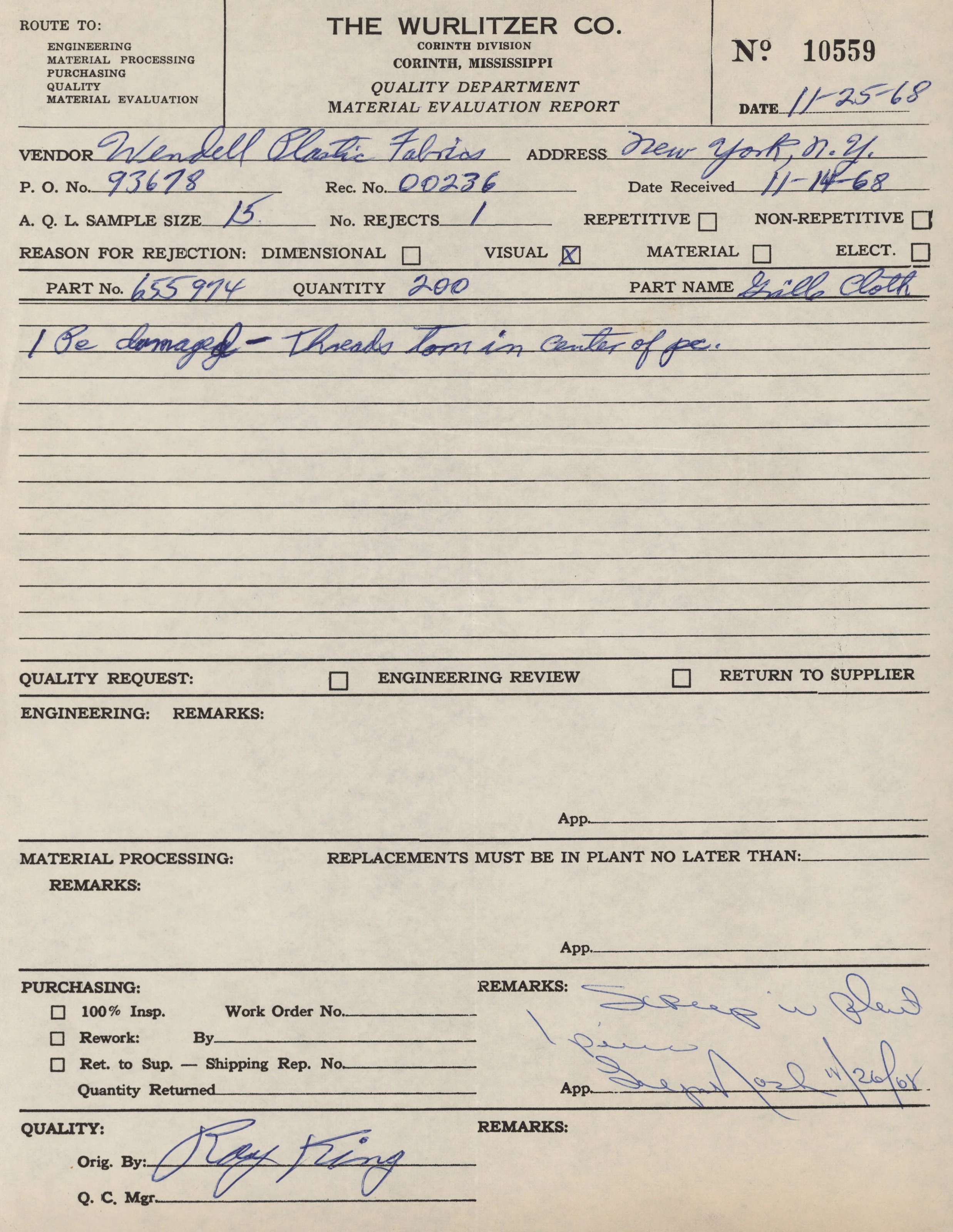 A vintage material evaluation report form from The Wurlitzer Co., dated November 25, 1968. It includes handwritten notes, supplier information, and handwritten signatures.