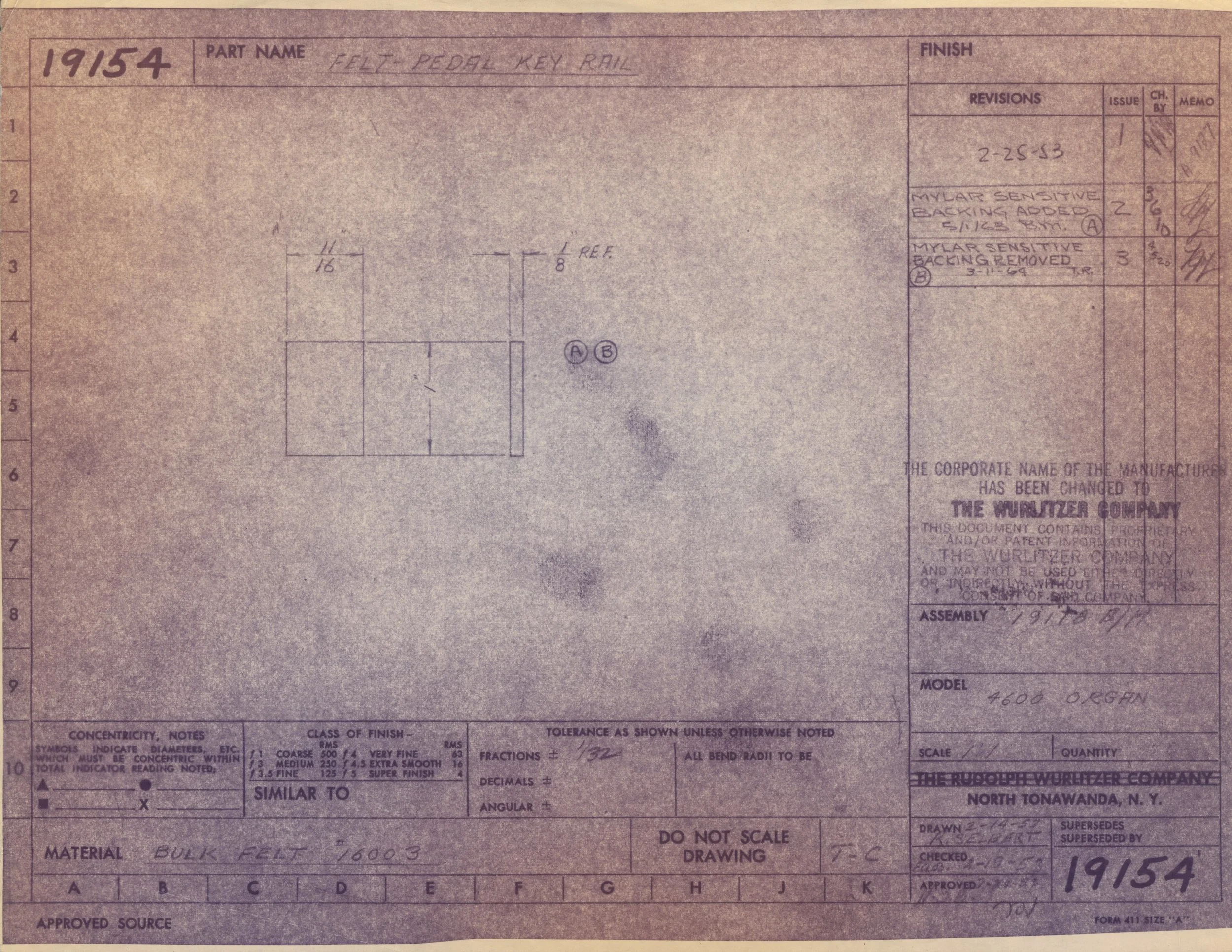 Technical engineering drawing labeled 'Fleet Pedal Key Rail' with handwritten notes, measurements, and revision details visible.