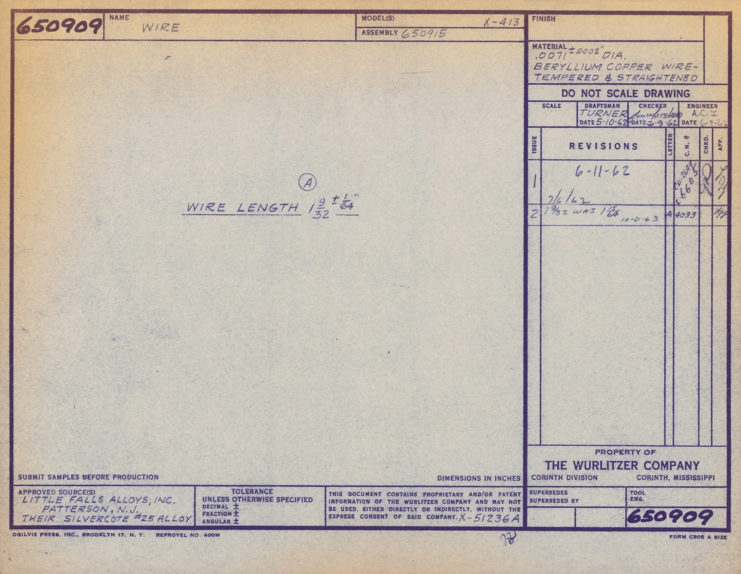 A technical drawing of wire specifications from the Wurlitzer Company, including details about wire length, material, and approval information.