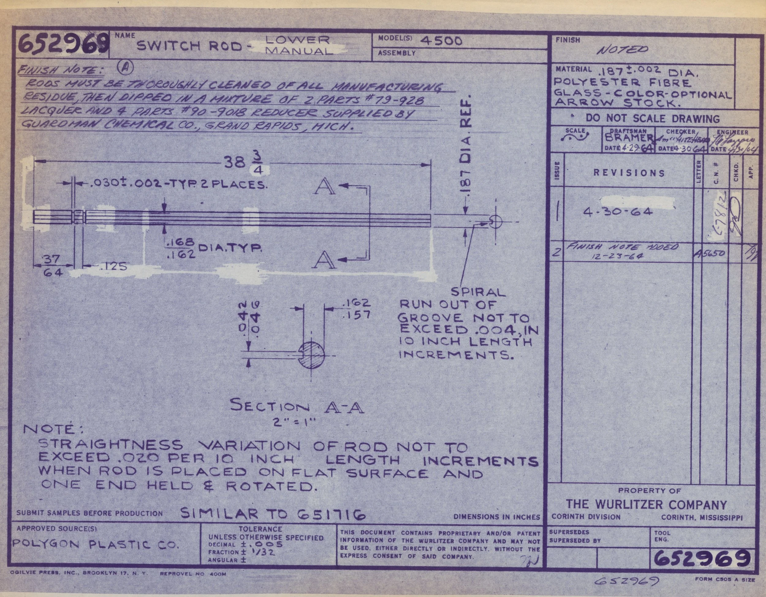 Blueprint drawing of a switch rod with detailed measurements and specifications for manufacturing.