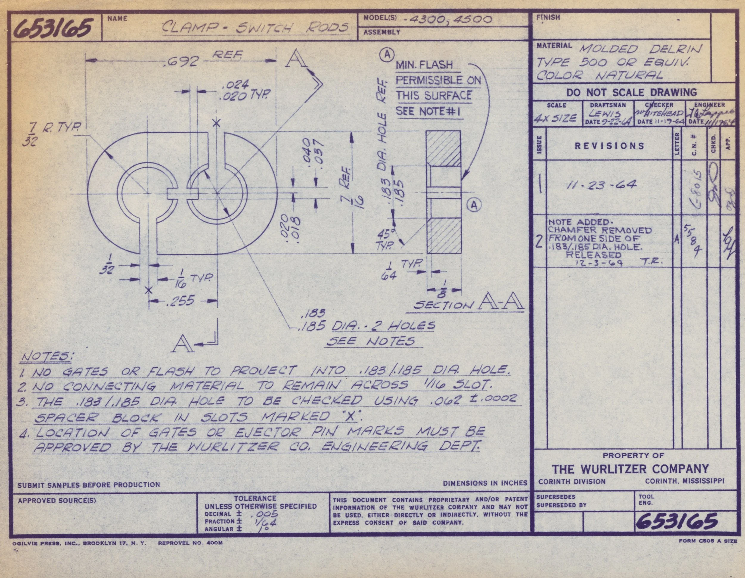 Blueprint drawing of clamp-switch rods with detailed measurements and notes, created by The Wurlitzer Company for their manufacturing process.