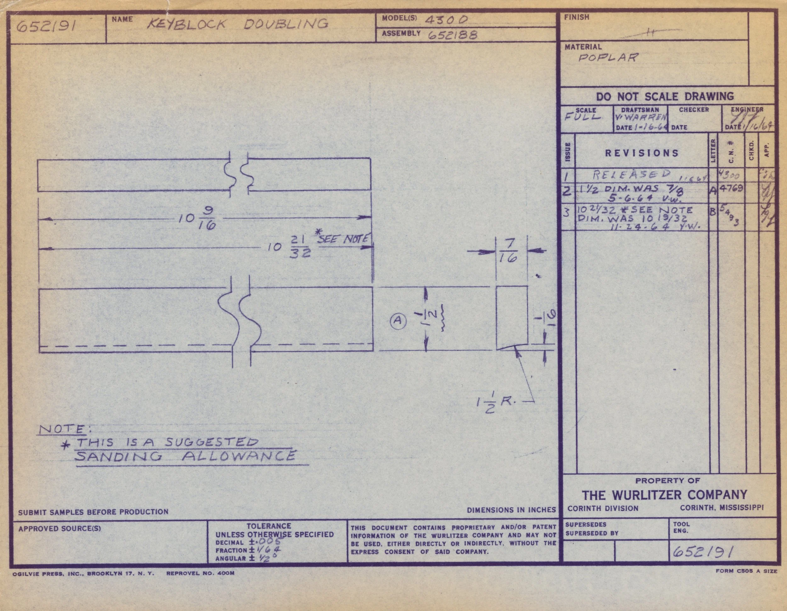 Blueprint of a keyblock doubling, showing dimensions, parts, and notes about sanding allowance. It notes the material as poplar and includes revisions and approval details.