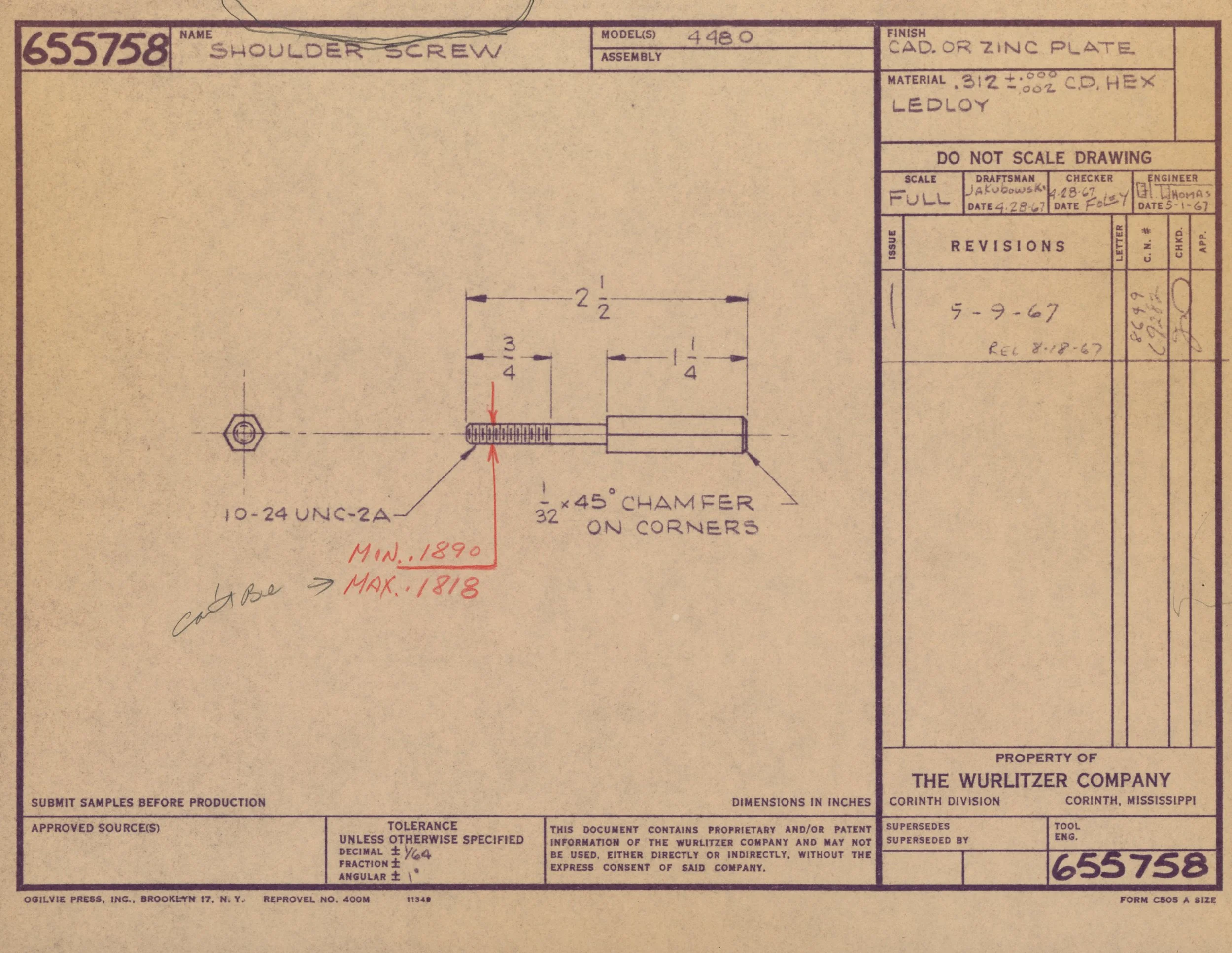 Engineering blueprint for a shoulder screw with detailed measurements, material specifications, and revision notes.