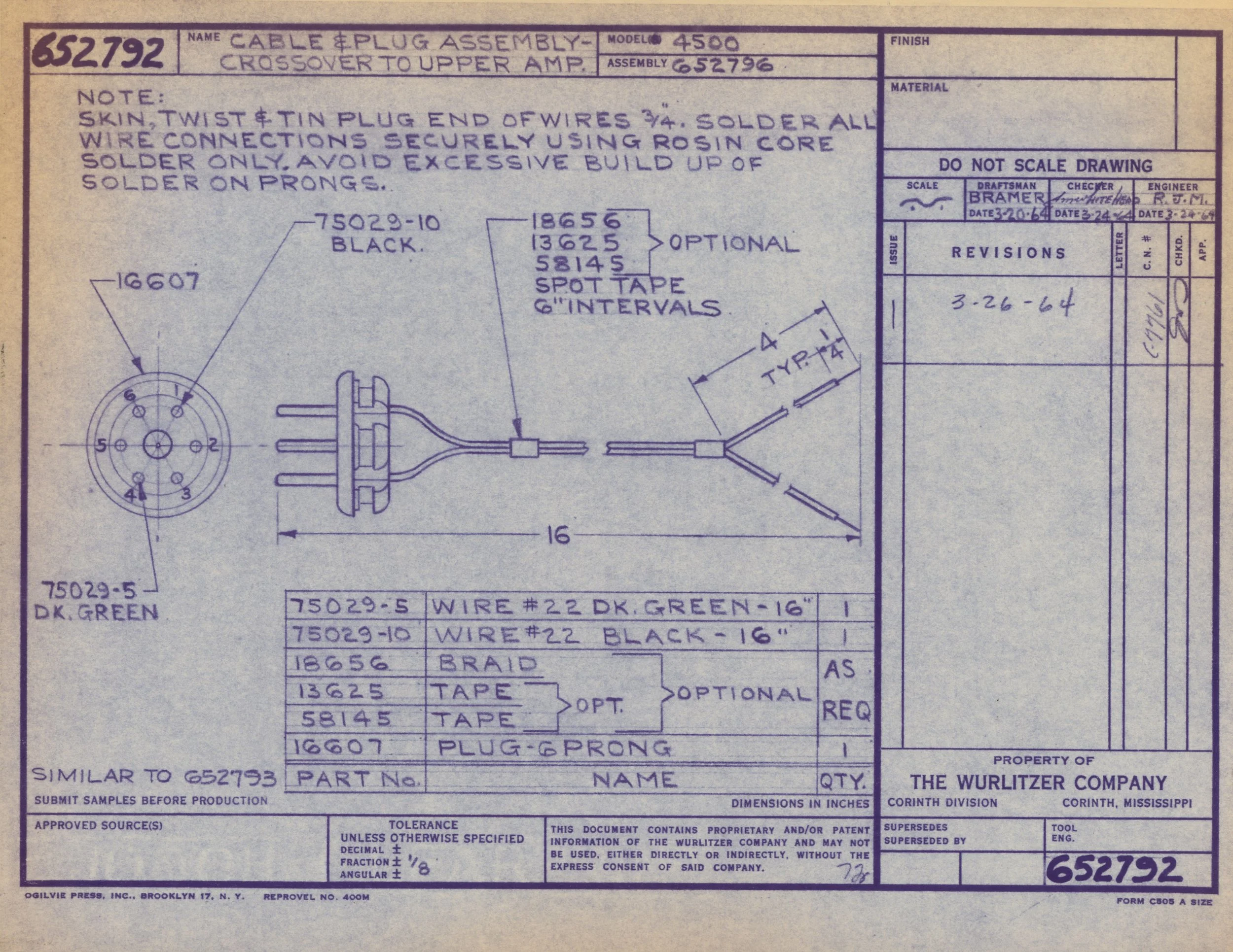 A technical blueprint or wiring diagram with detailed notes about electrical connections, wire types, and assembly instructions. Includes handwritten annotations, part numbers, and specifications.