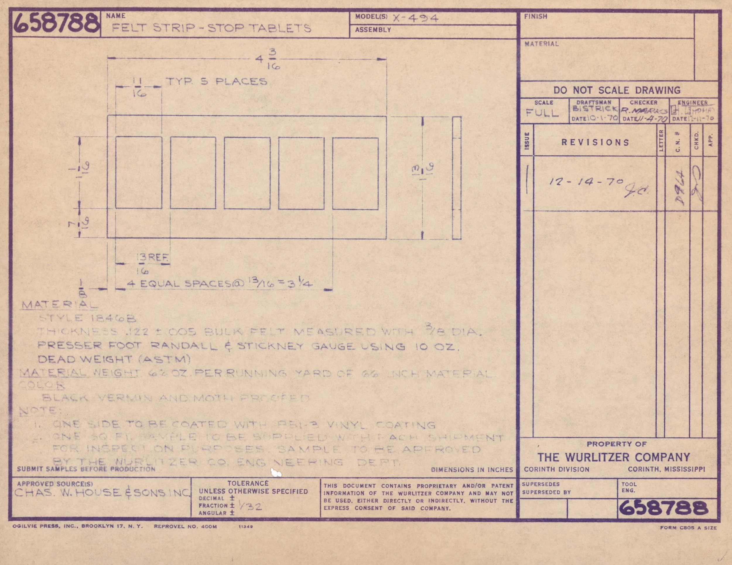 Engineering blueprint drawing for felt strip-stop tablets with detailed measurements and specifications, created by The Wurlitzer Company.