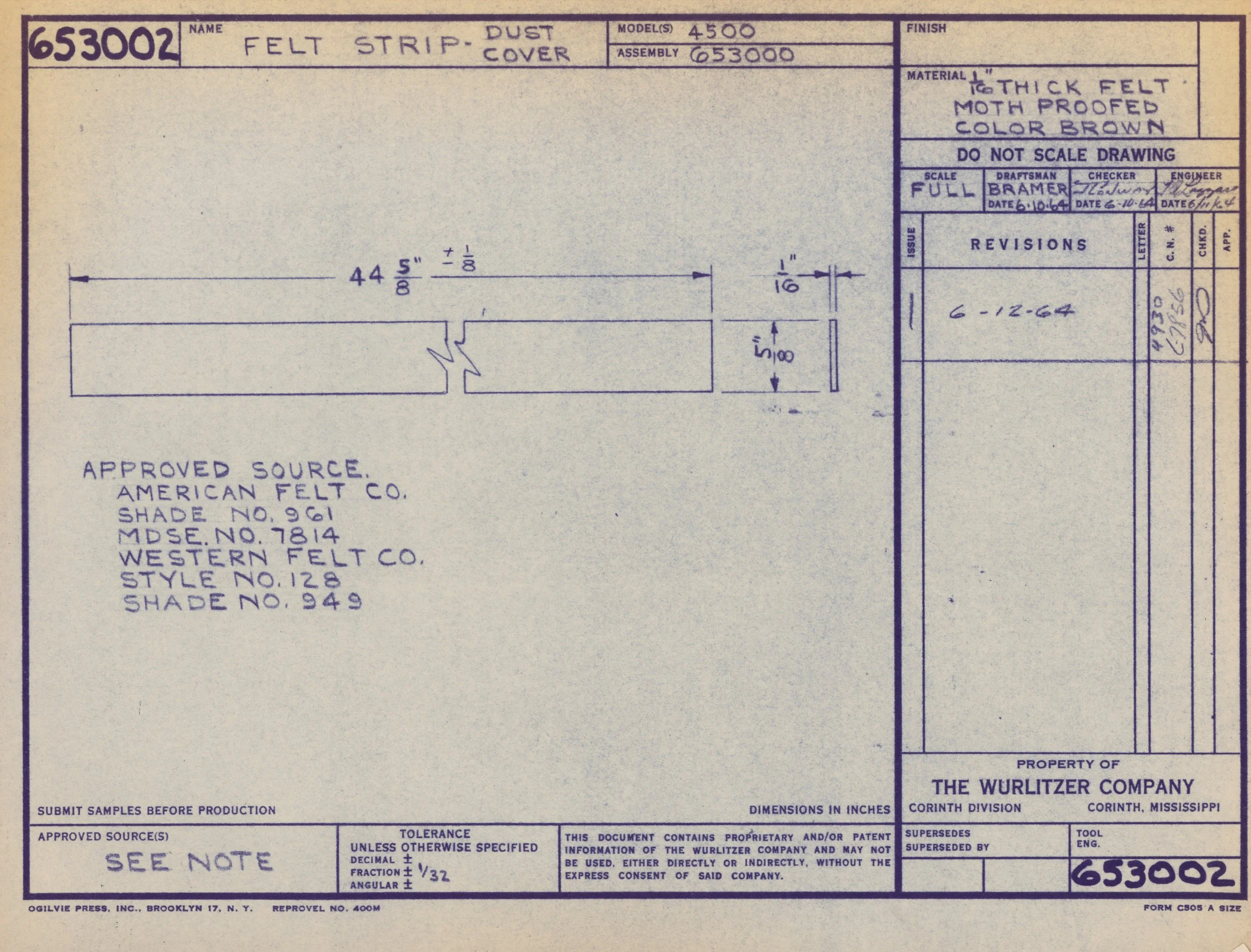 Technical drawing of a felt strip dust cover, showing dimensions and specifications, created by The Wurlitzer Company.