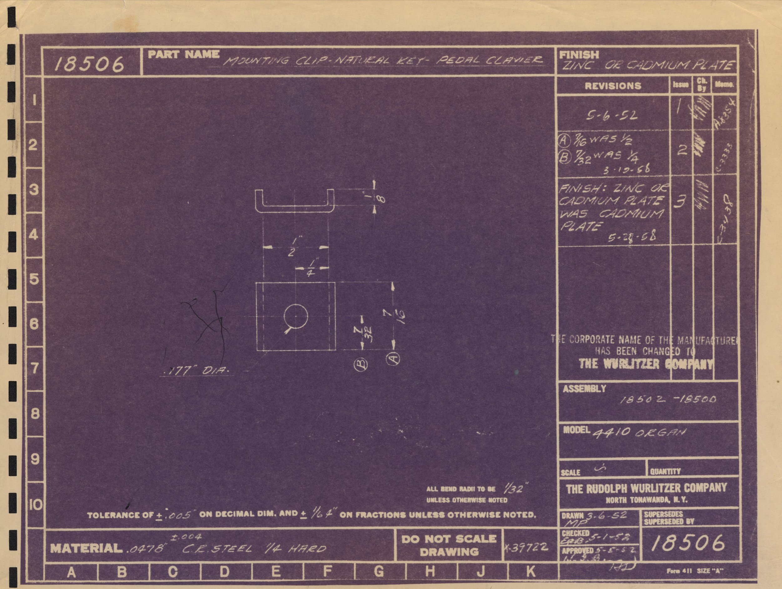 Blueprint for a mounting clip called 'Natural Key Pedal Claw', finished with zinc or cadmium plate, created by Rudolph Wurlitzer Company in North Tonawanda, NY, with technical specifications and measurements.