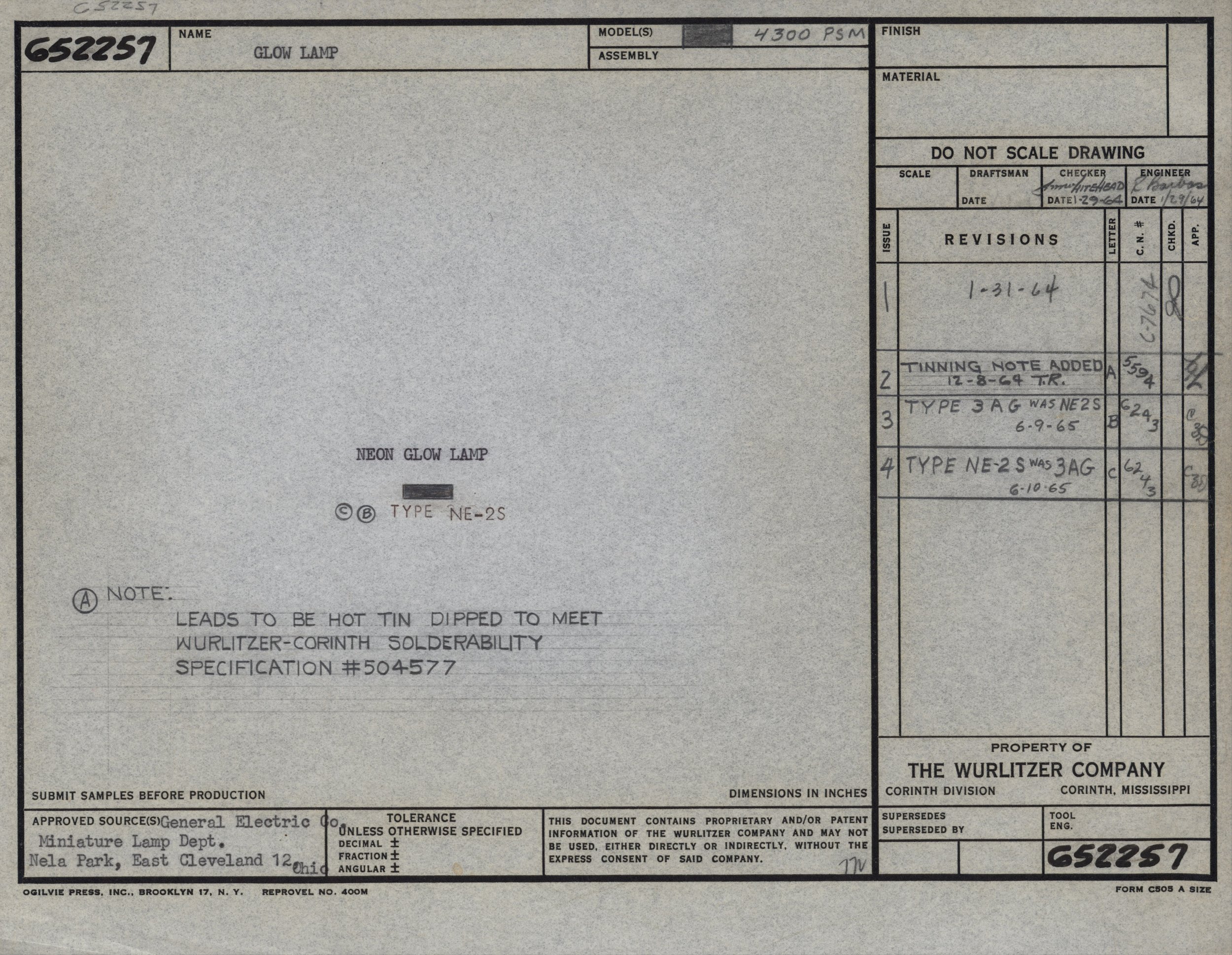 A technical drawing or blueprint for a neon glow lamp manufactured by The Wurlitzer Company, including handwritten notes, specifications, and revision dates.