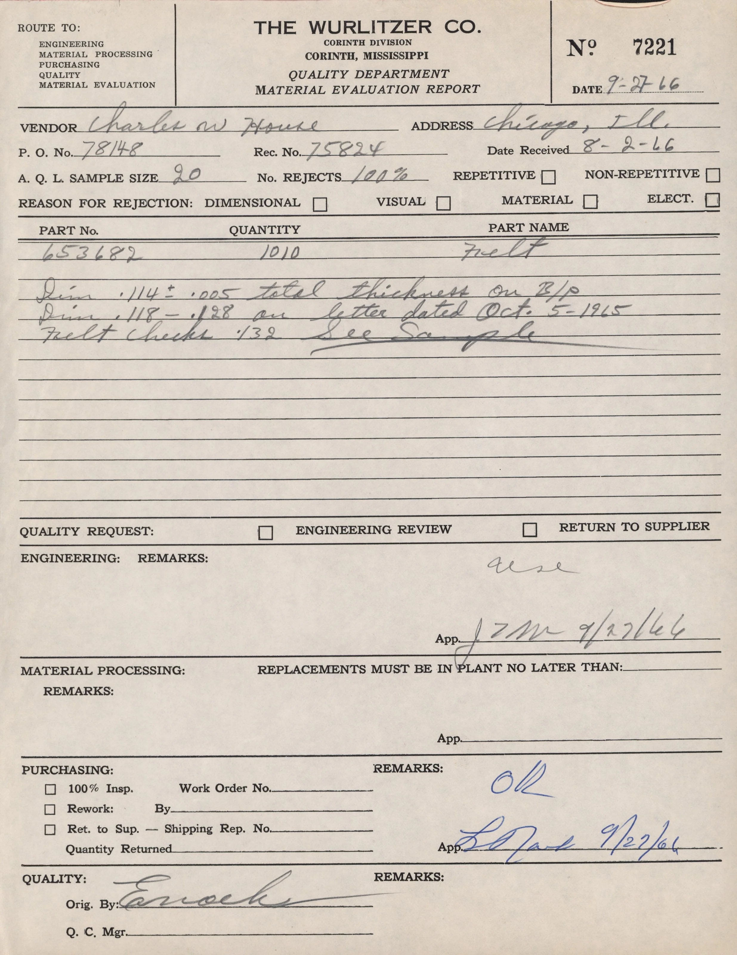 A vintage quality department material evaluation report form from The Wurlitzer Co., dated September 27, 1966, filled out with handwritten notes and typed information. It includes details about vendor Charles W. Haire, Chicago, Illinois, and describe